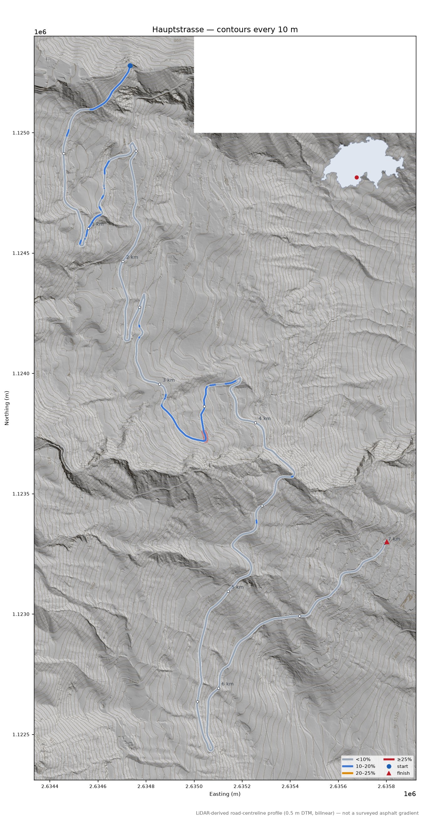 Hauptstrasse LiDAR hillshade map with contours