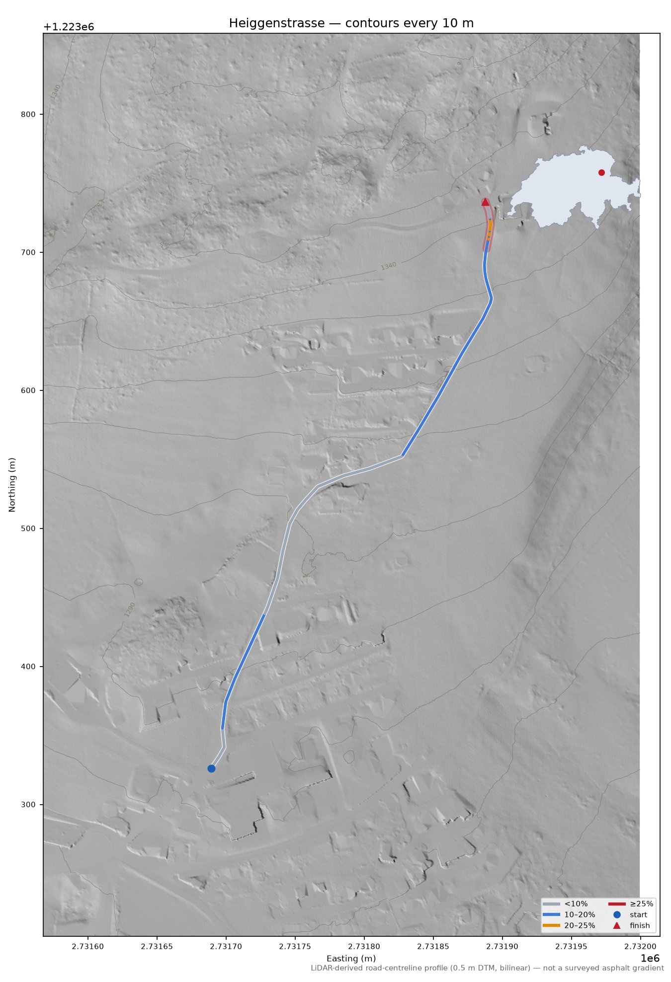 Heiggenstrasse LiDAR hillshade map with contours