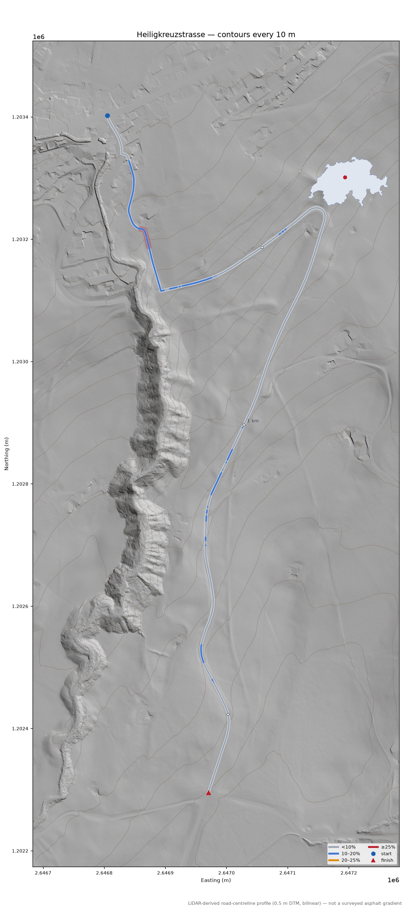 Heiligkreuzstrasse LiDAR hillshade map with contours