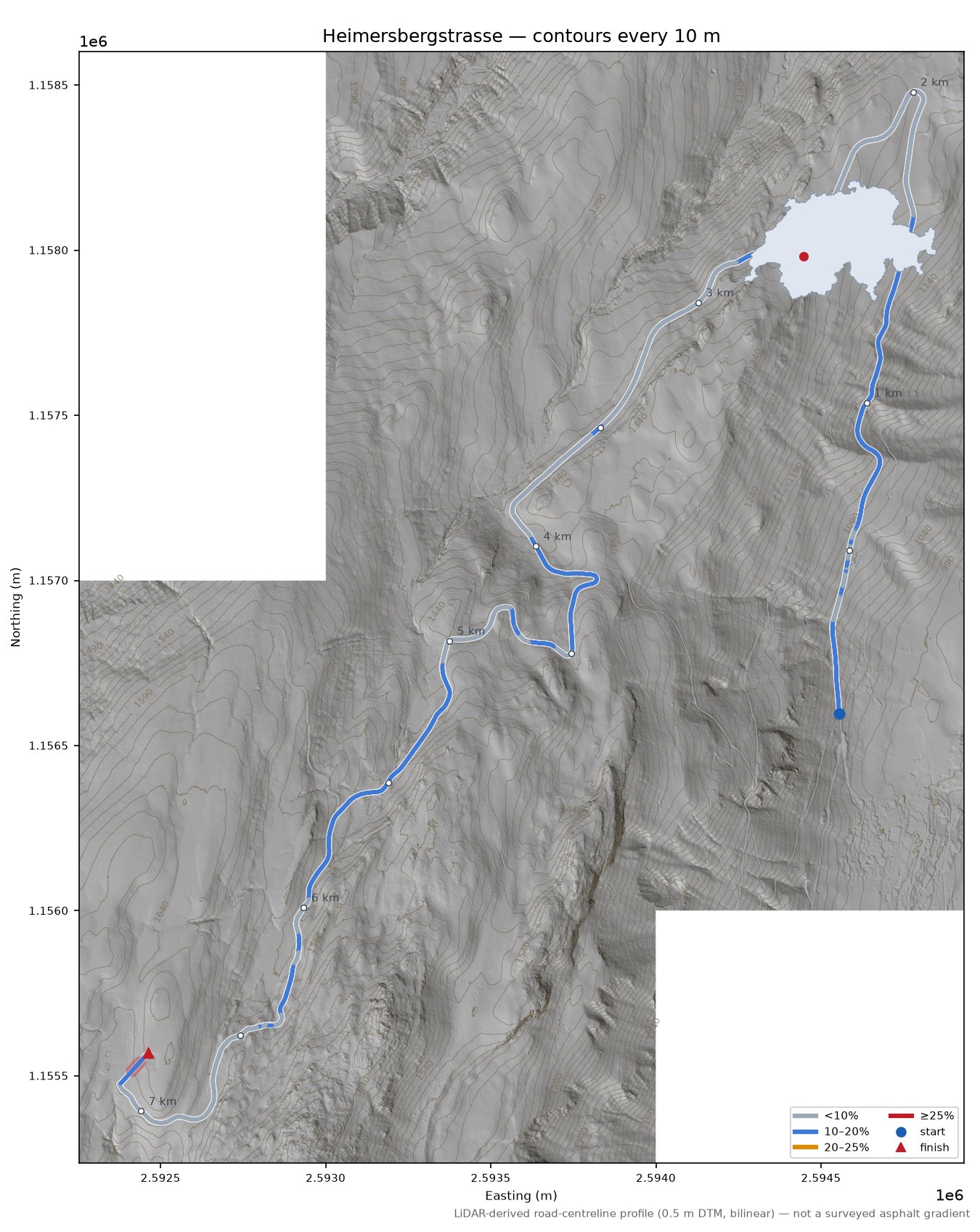 Heimersbergstrasse LiDAR hillshade map with contours