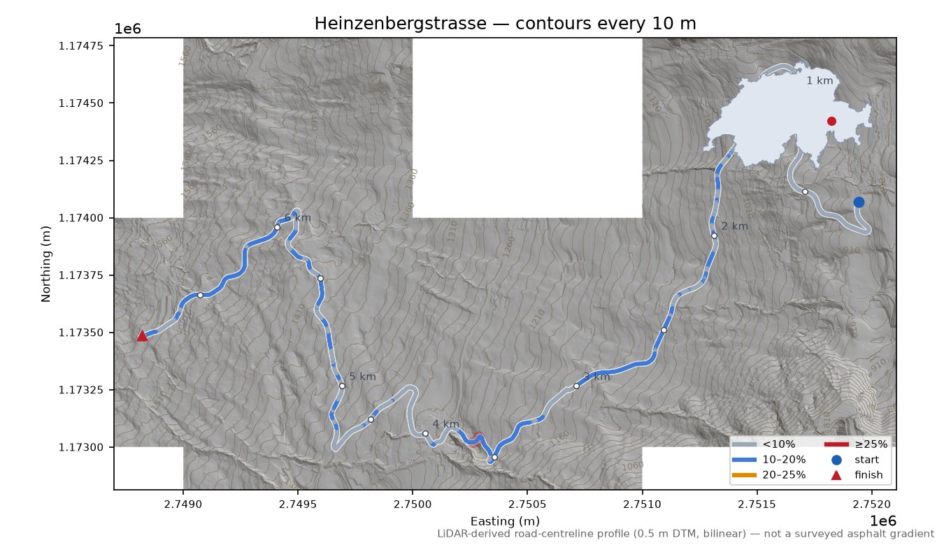 Heinzenbergstrasse LiDAR hillshade map with contours