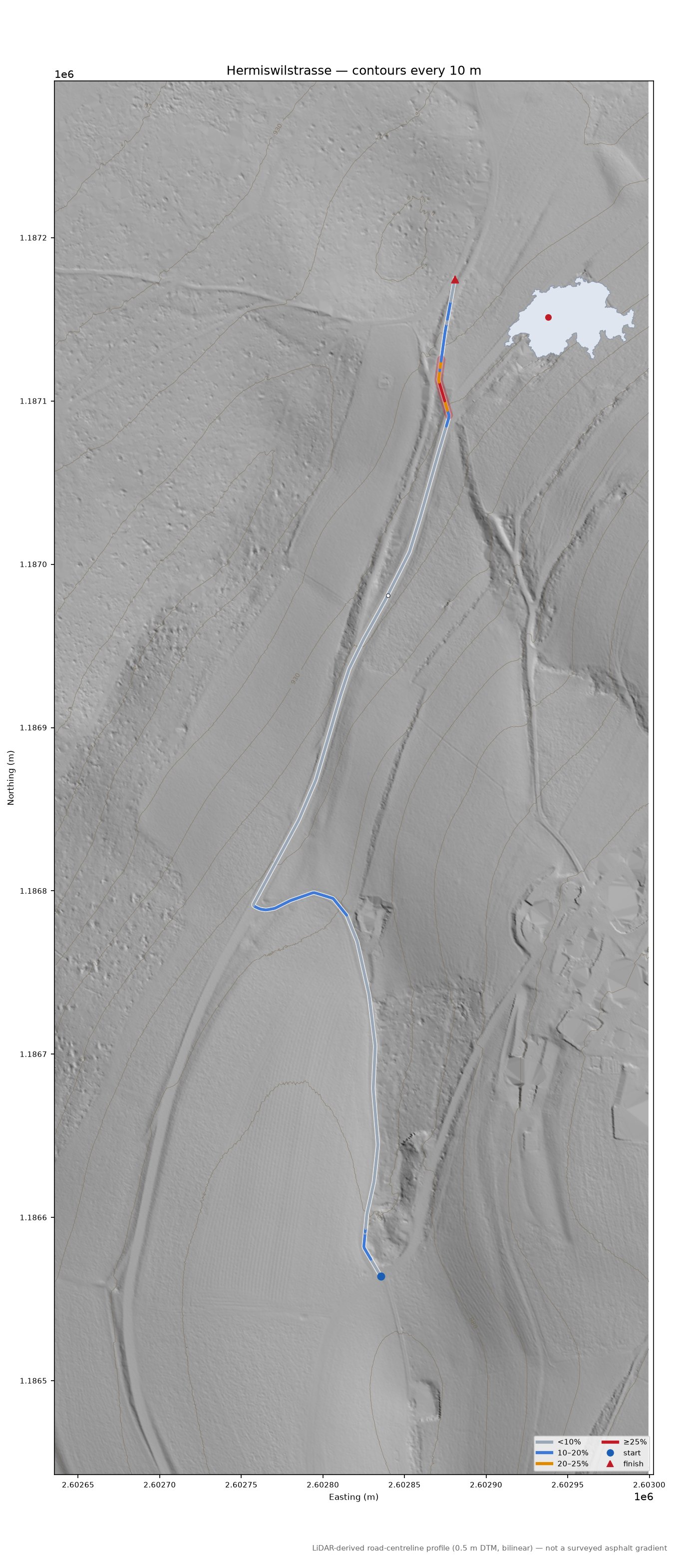 Hermiswilstrasse LiDAR hillshade map with contours
