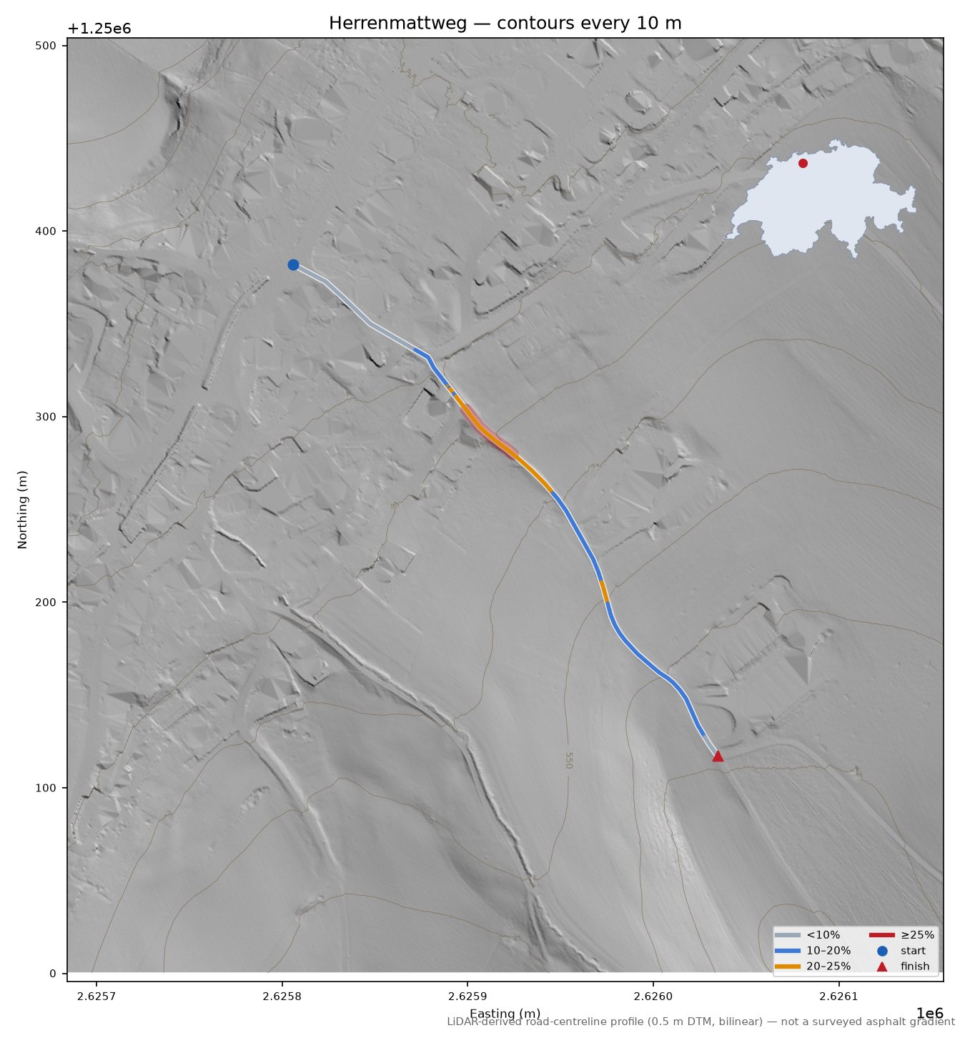 Herrenmattweg LiDAR hillshade map with contours