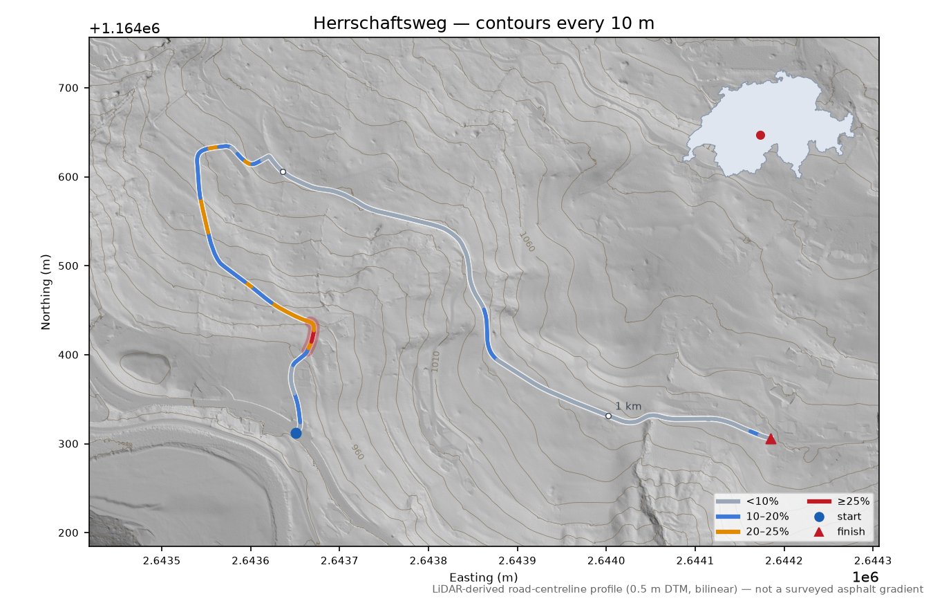 Herrschaftsweg LiDAR hillshade map with contours