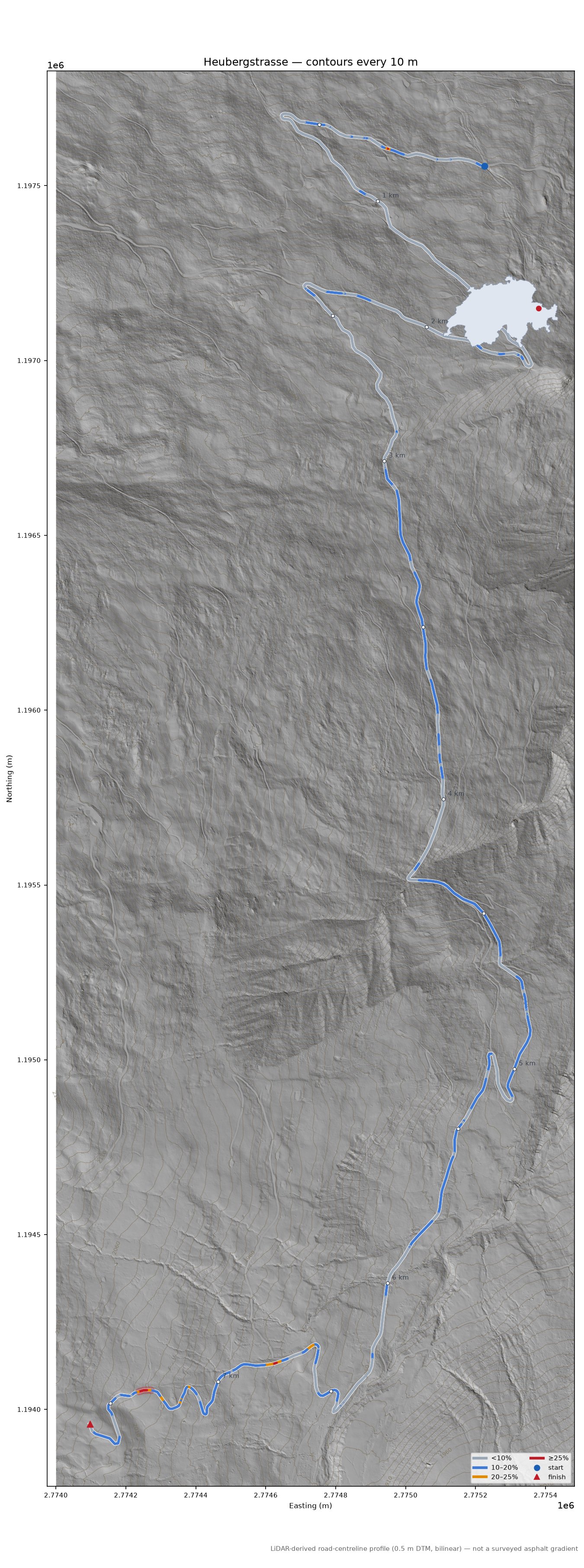 Heubergstrasse LiDAR hillshade map with contours