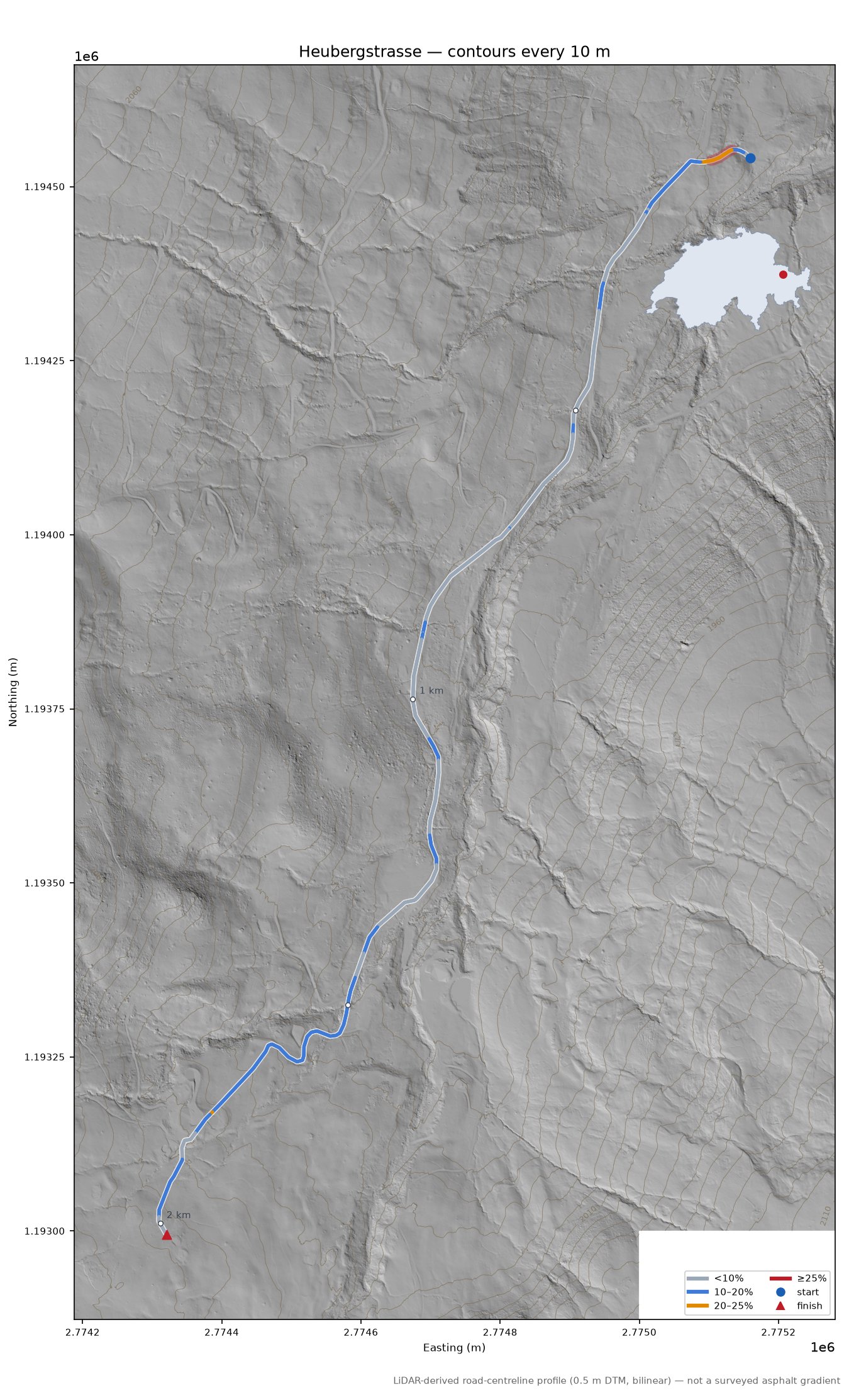 Heubergstrasse LiDAR hillshade map with contours