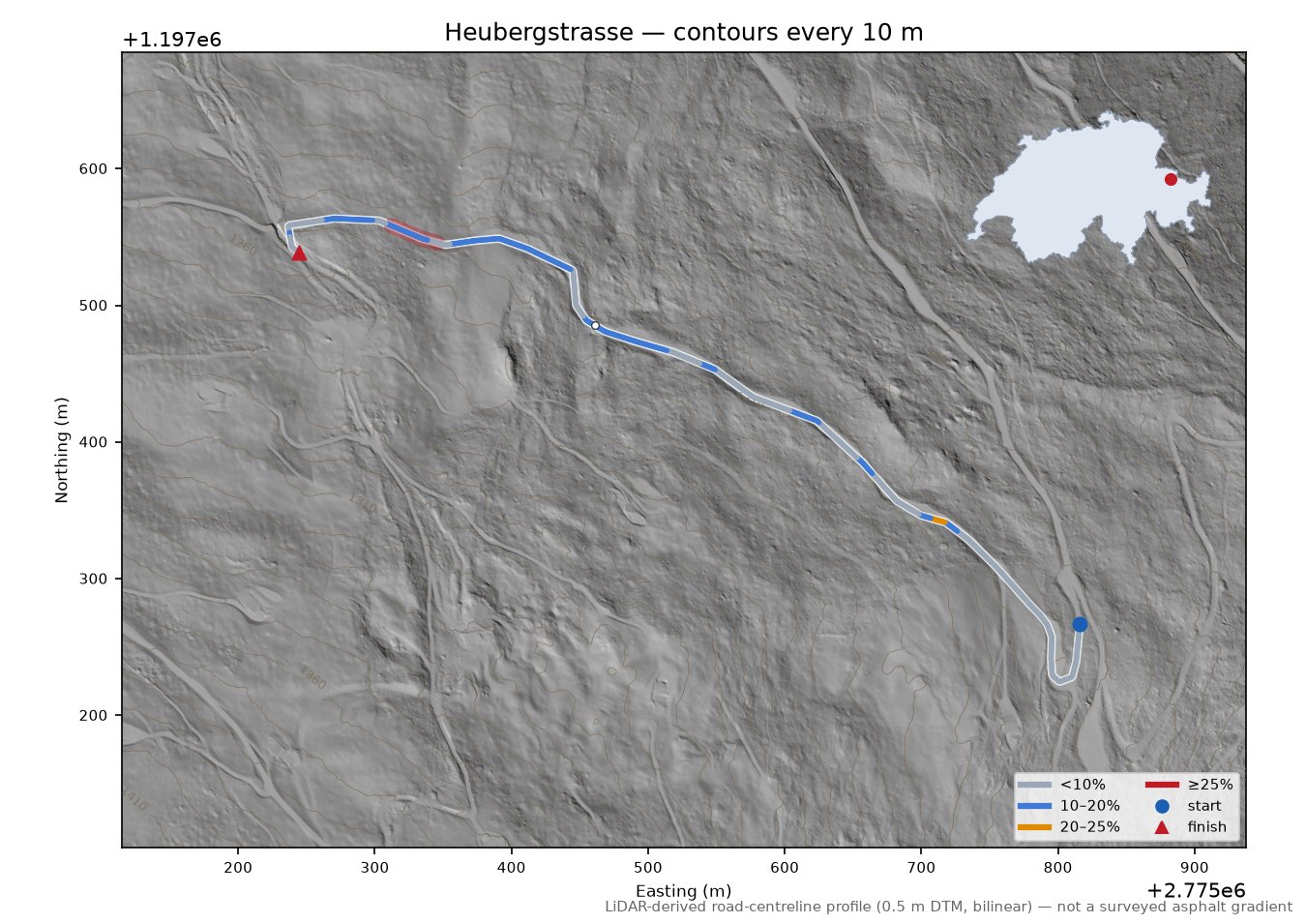 Heubergstrasse LiDAR hillshade map with contours