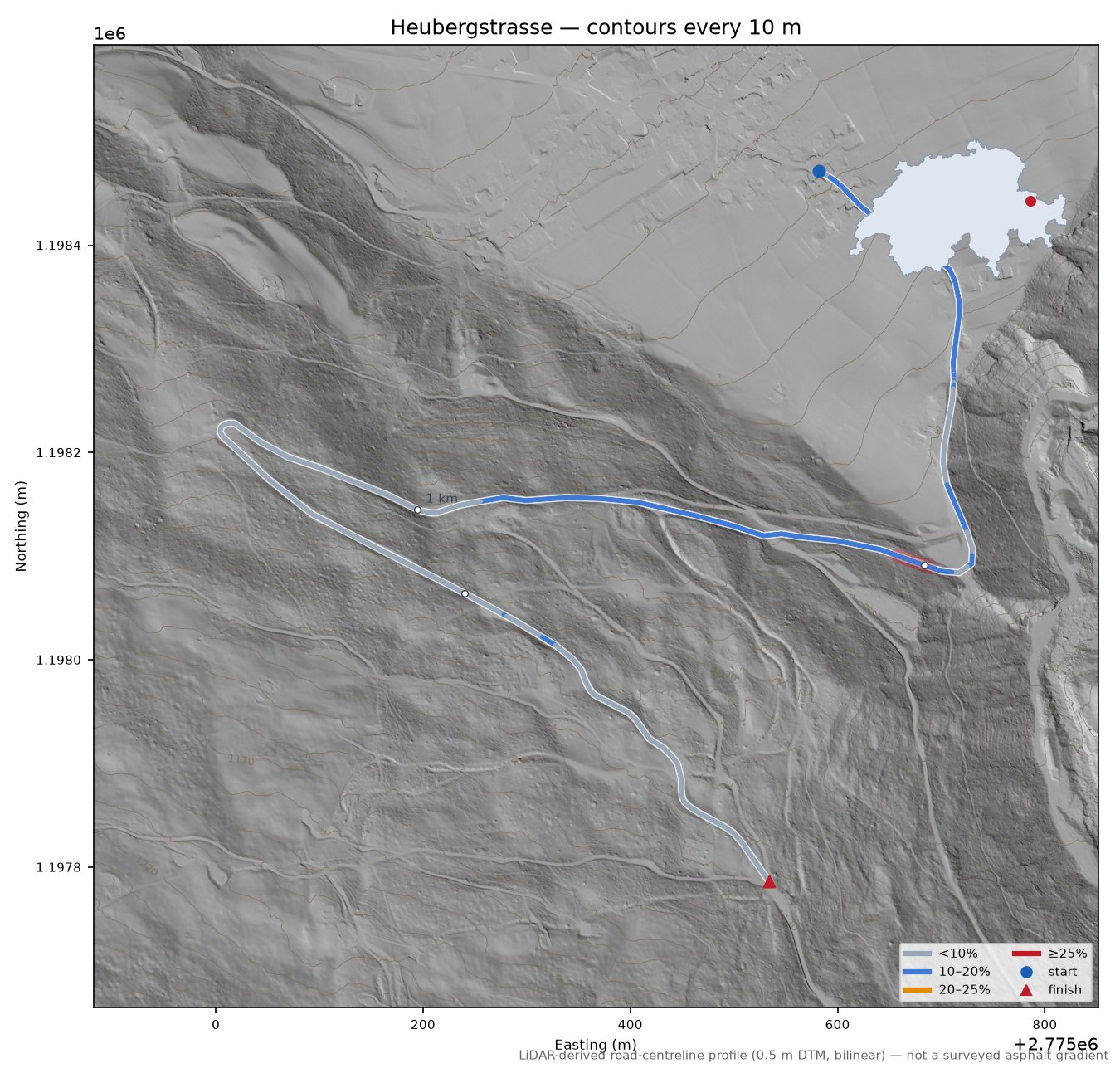 Heubergstrasse LiDAR hillshade map with contours