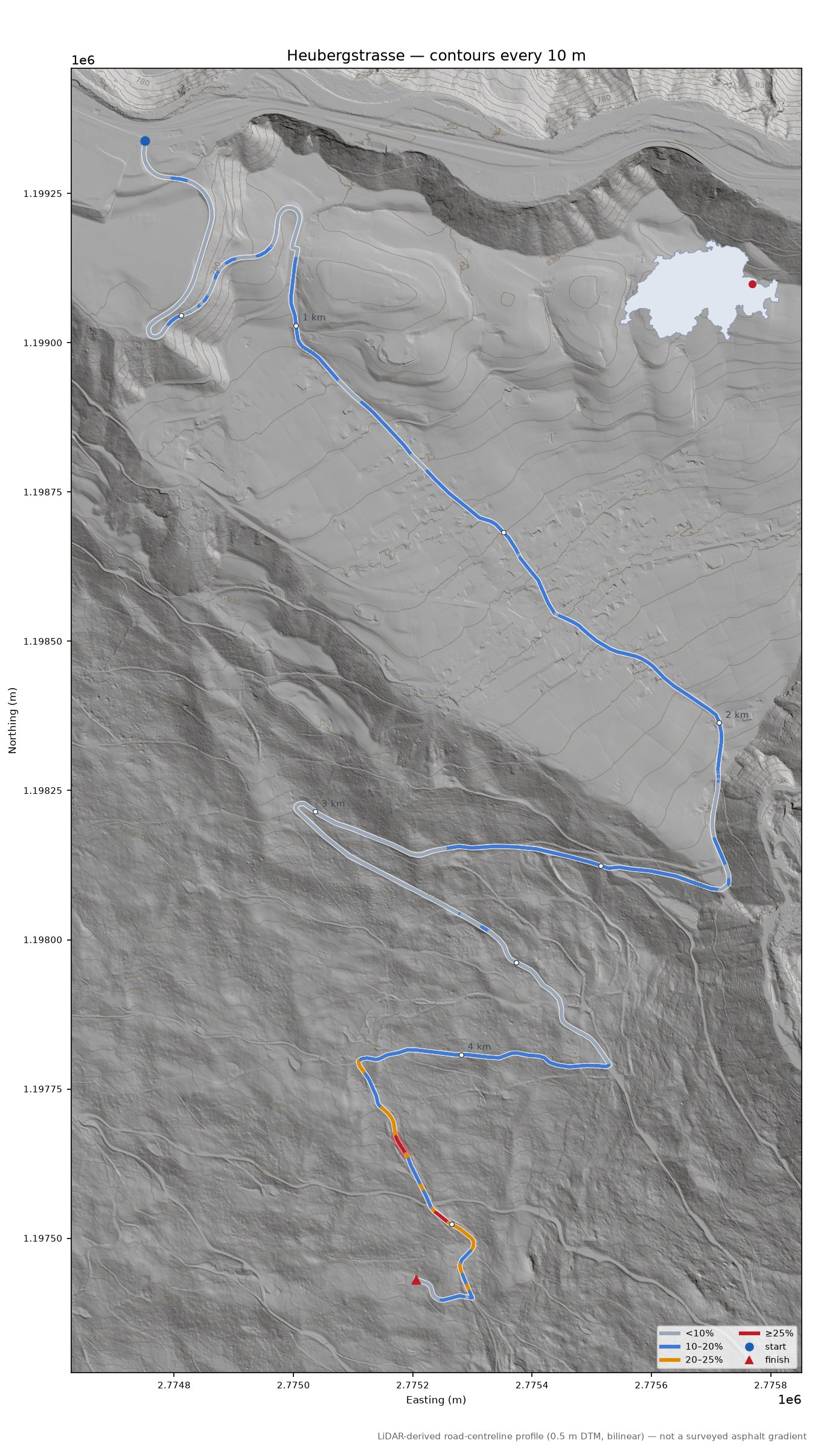 Heubergstrasse LiDAR hillshade map with contours