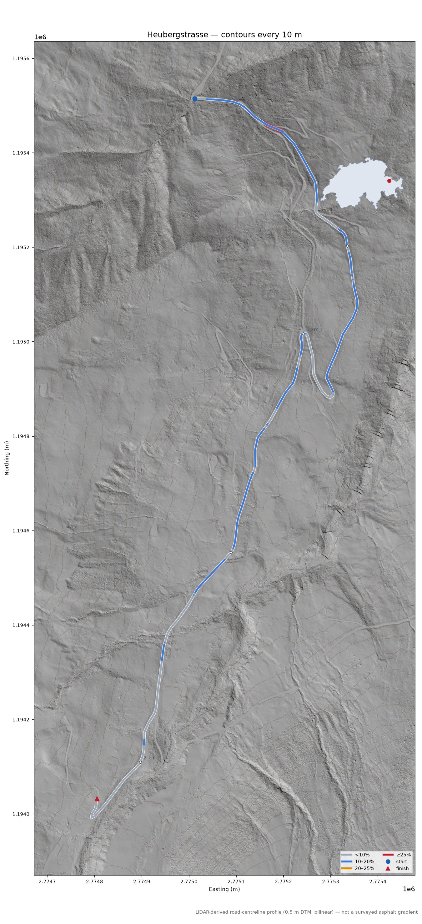 Heubergstrasse LiDAR hillshade map with contours