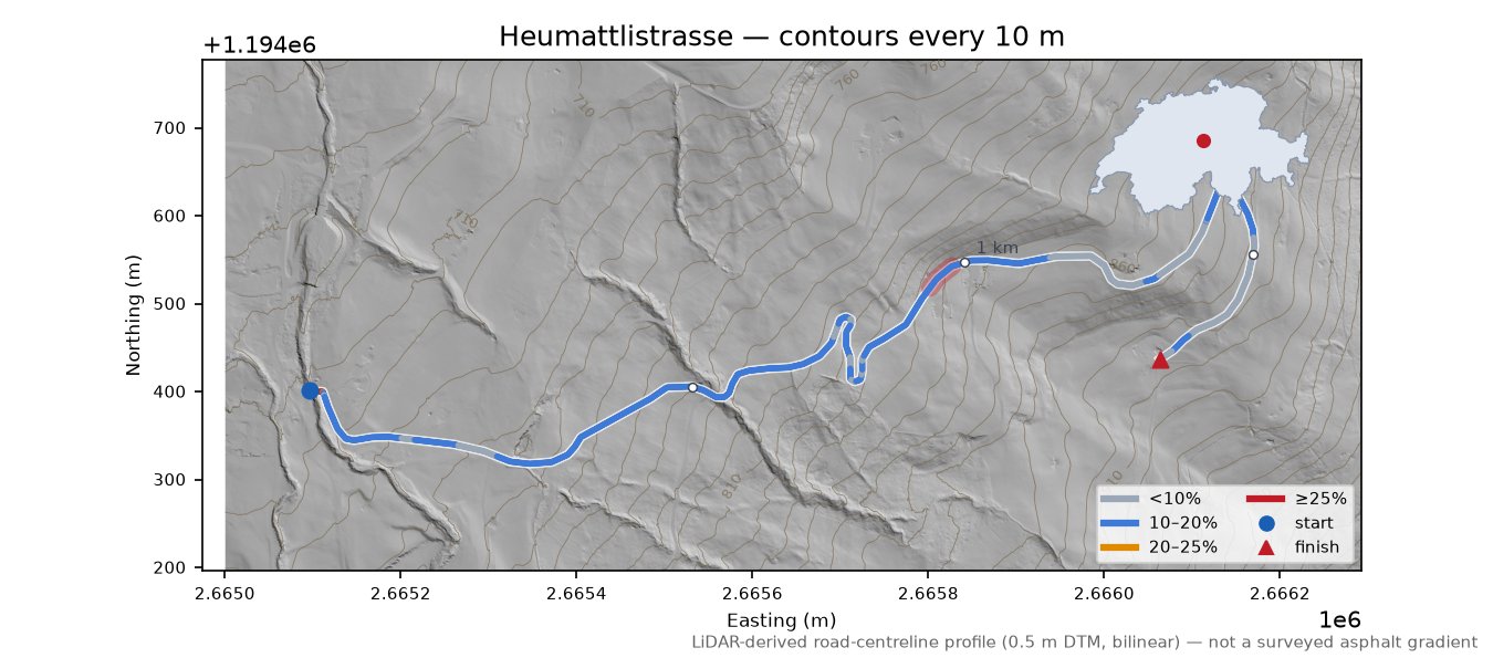 Heumattlistrasse LiDAR hillshade map with contours