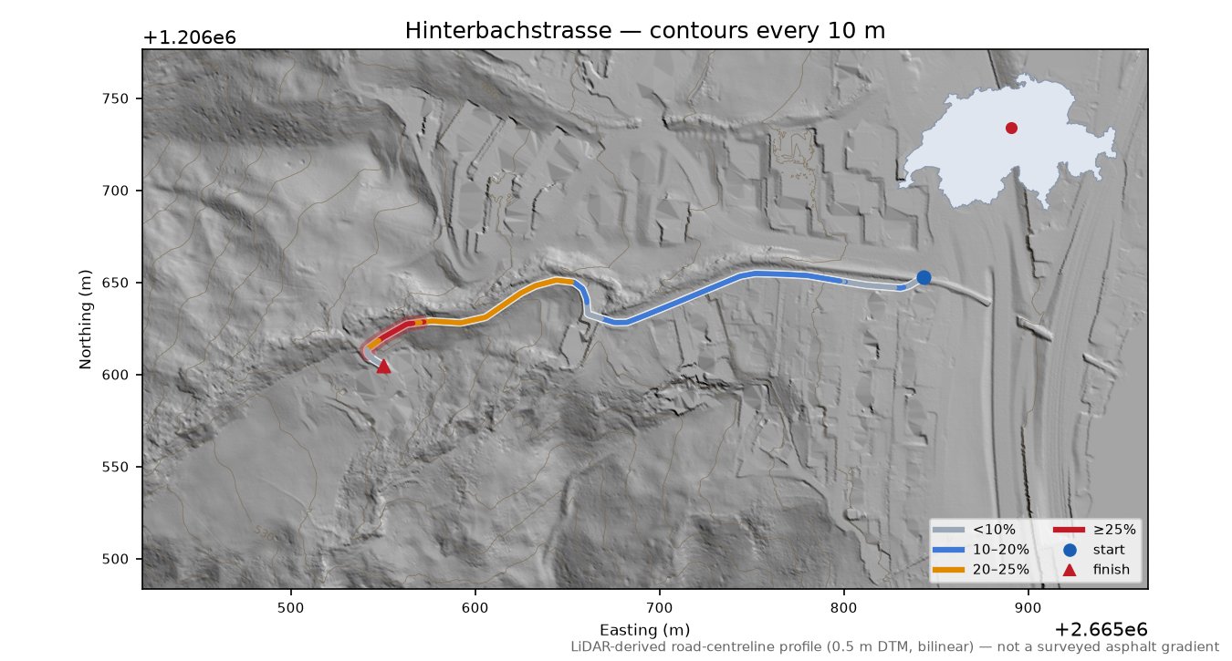 Hinterbachstrasse LiDAR hillshade map with contours