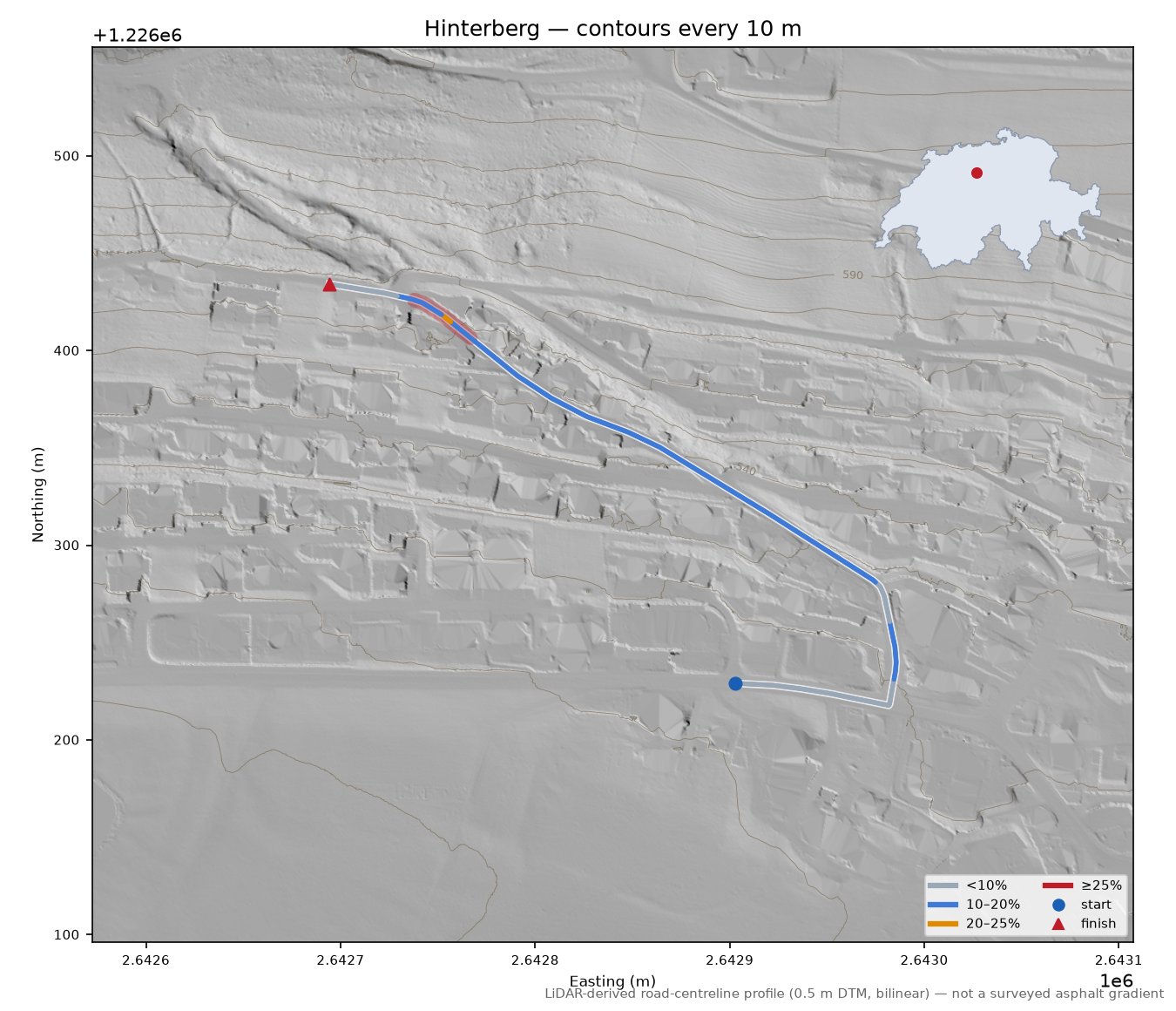 Hinterberg LiDAR hillshade map with contours