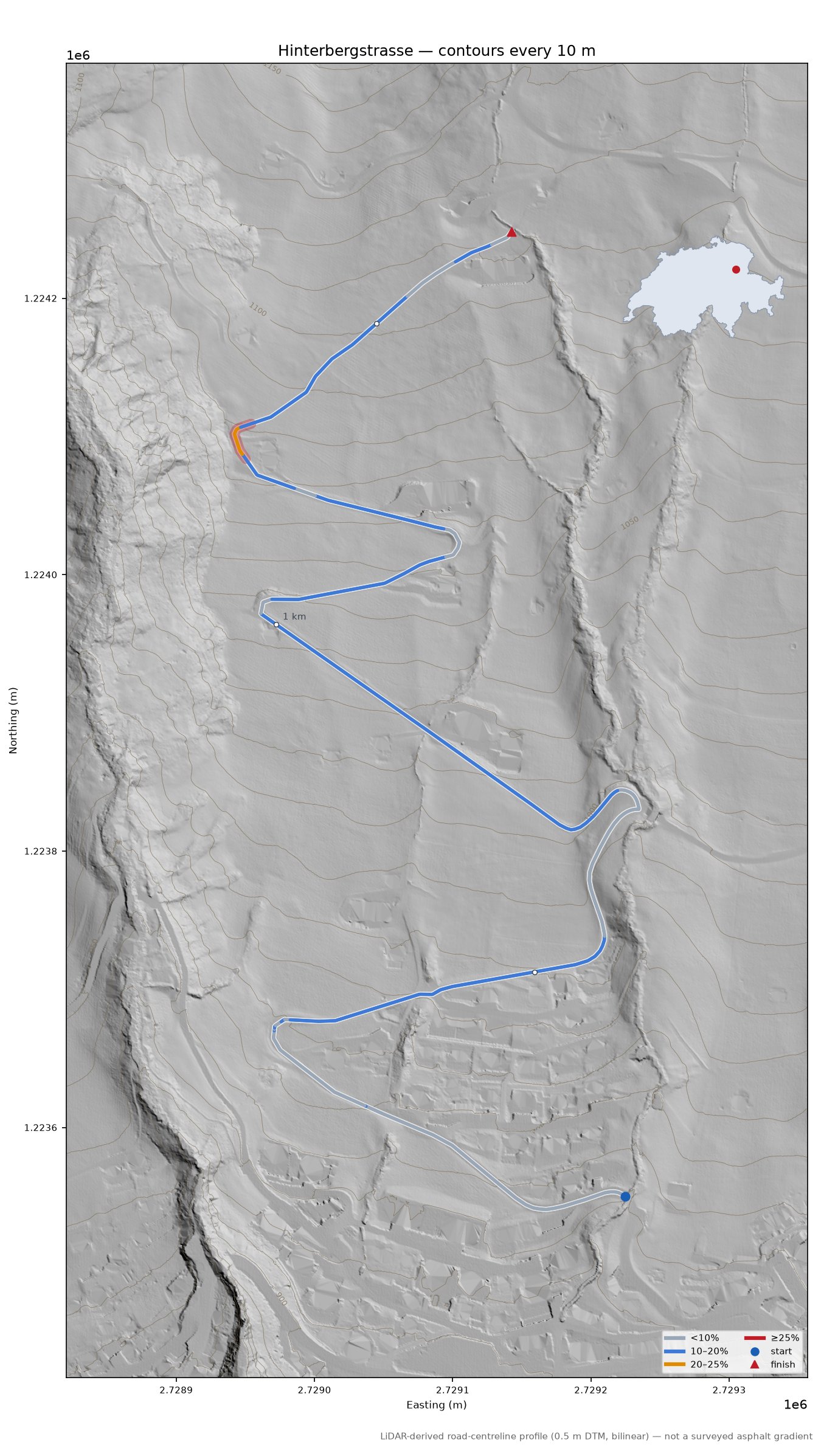 Hinterbergstrasse LiDAR hillshade map with contours