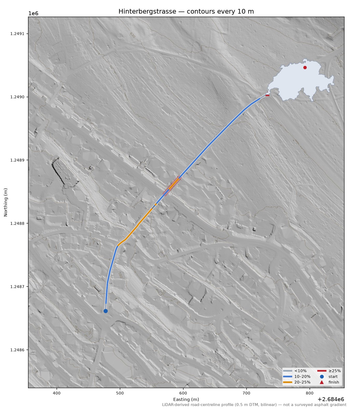 Hinterbergstrasse LiDAR hillshade map with contours