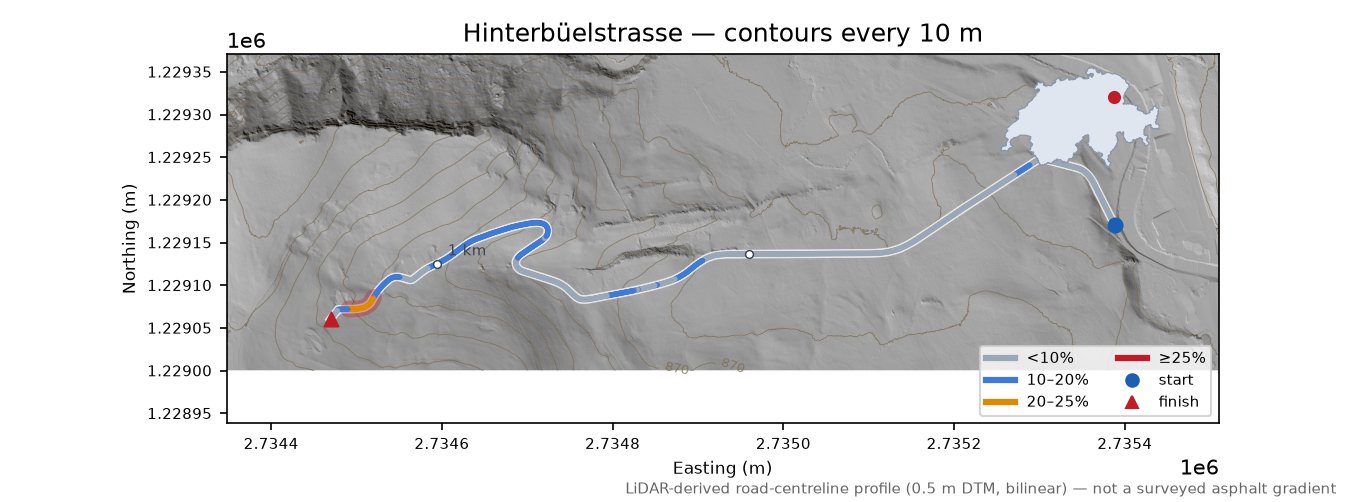 Hinterbüelstrasse LiDAR hillshade map with contours