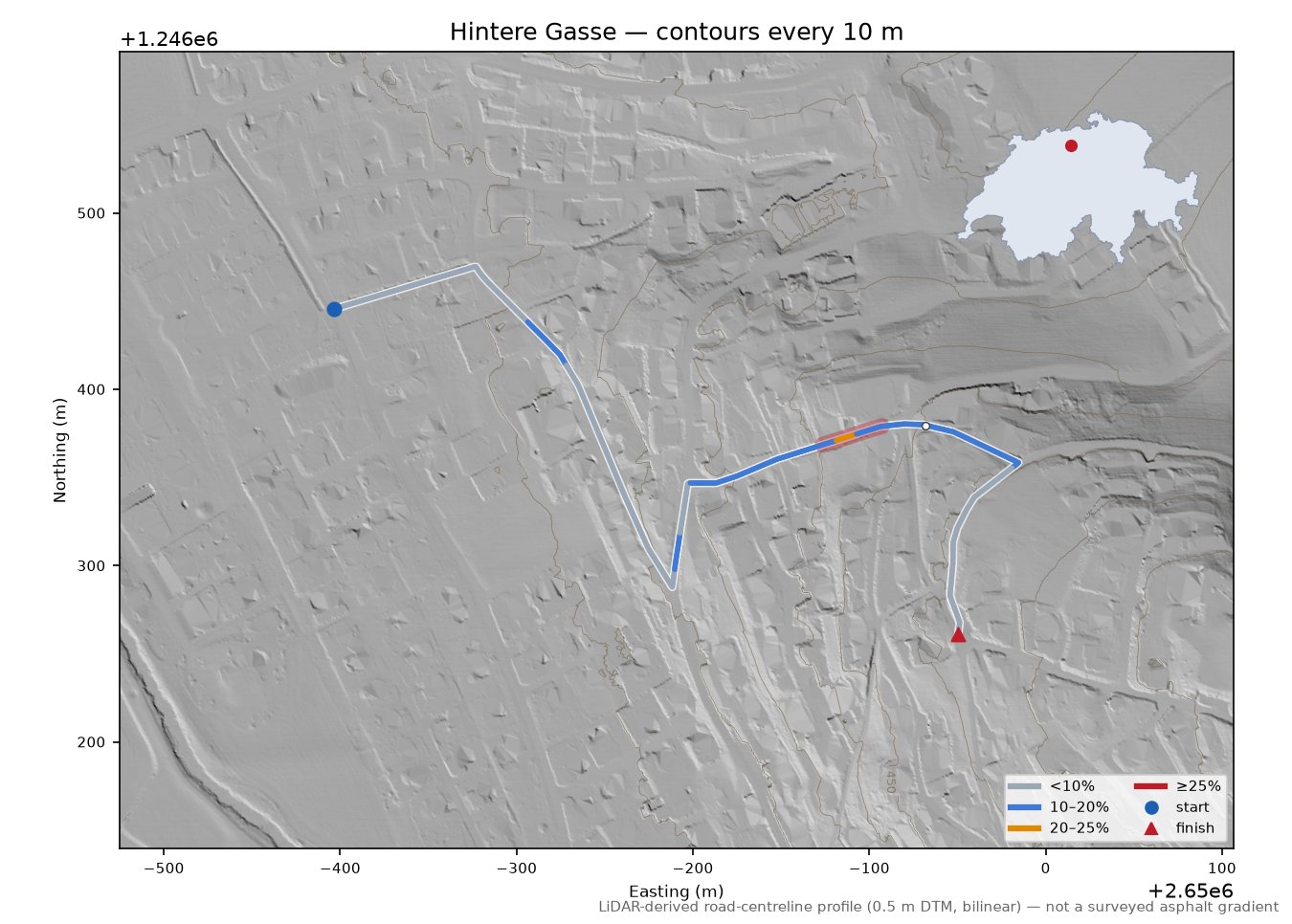 Hintere Gasse LiDAR hillshade map with contours