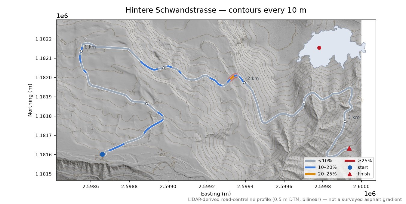 Hintere Schwandstrasse LiDAR hillshade map with contours