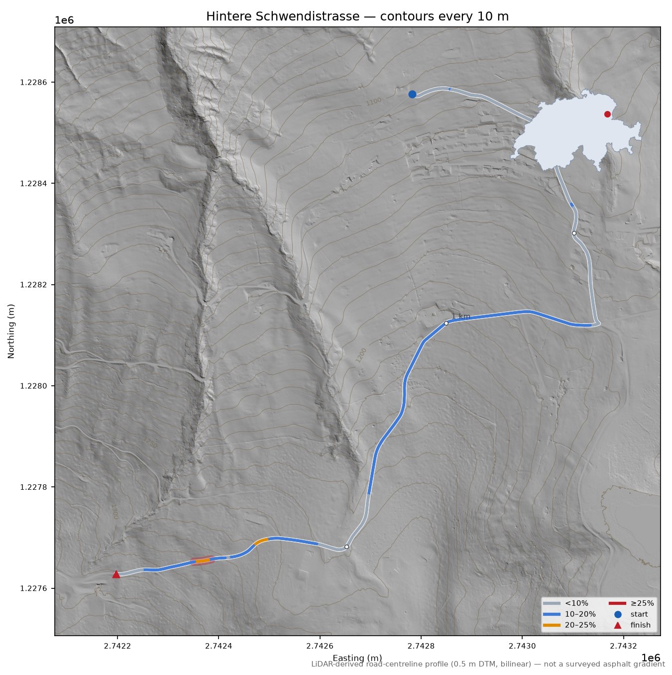 Hintere Schwendistrasse LiDAR hillshade map with contours