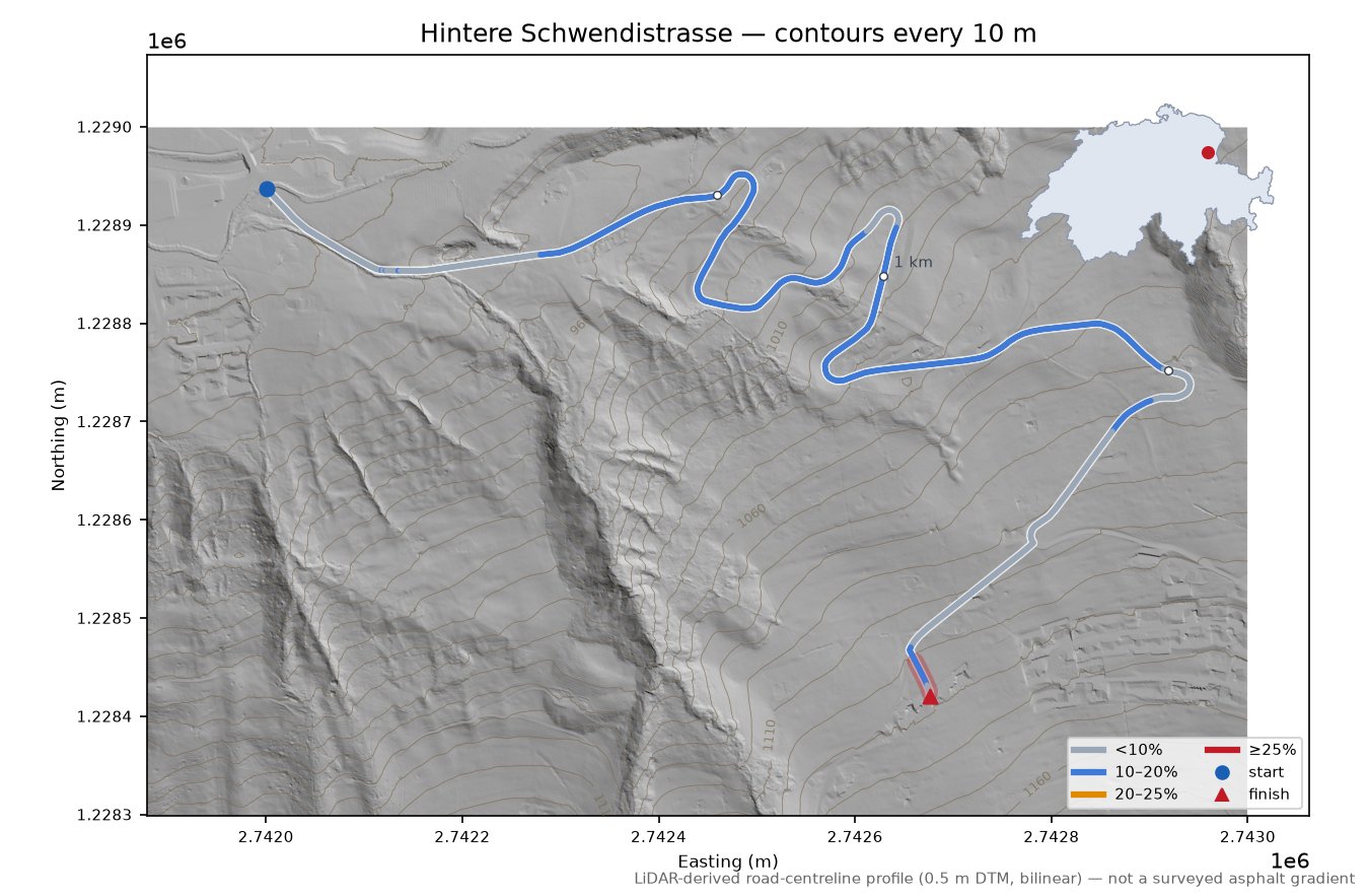 Hintere Schwendistrasse LiDAR hillshade map with contours