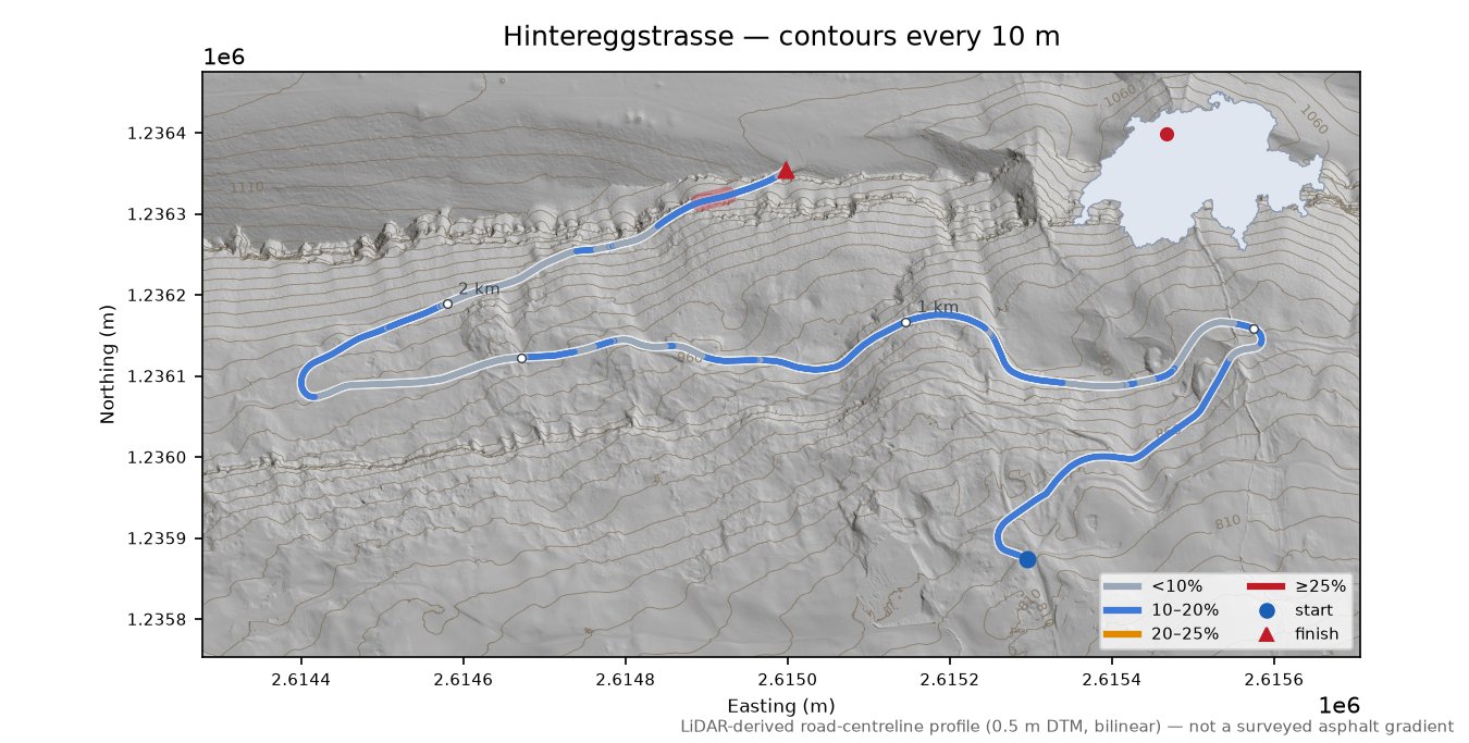 Hintereggstrasse LiDAR hillshade map with contours