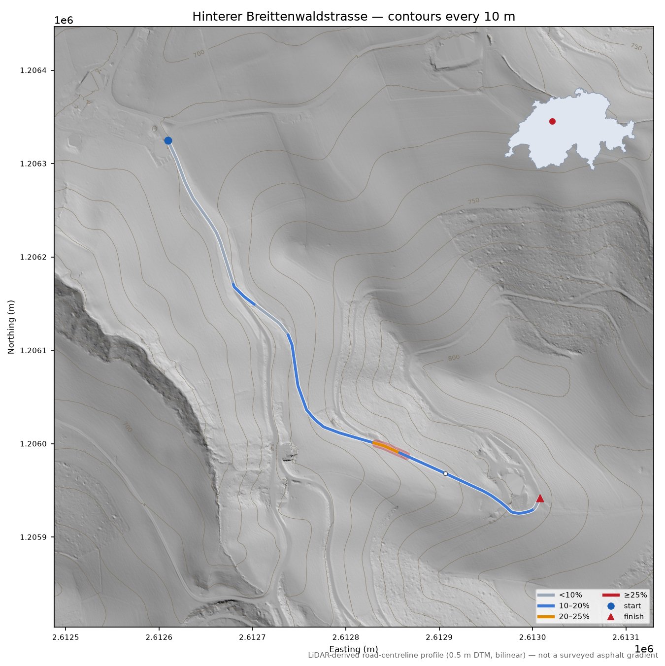 Hinterer Breittenwaldstrasse LiDAR hillshade map with contours