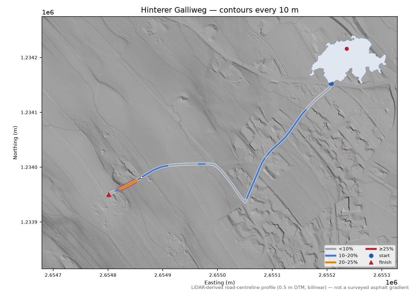 Hinterer Galliweg LiDAR hillshade map with contours