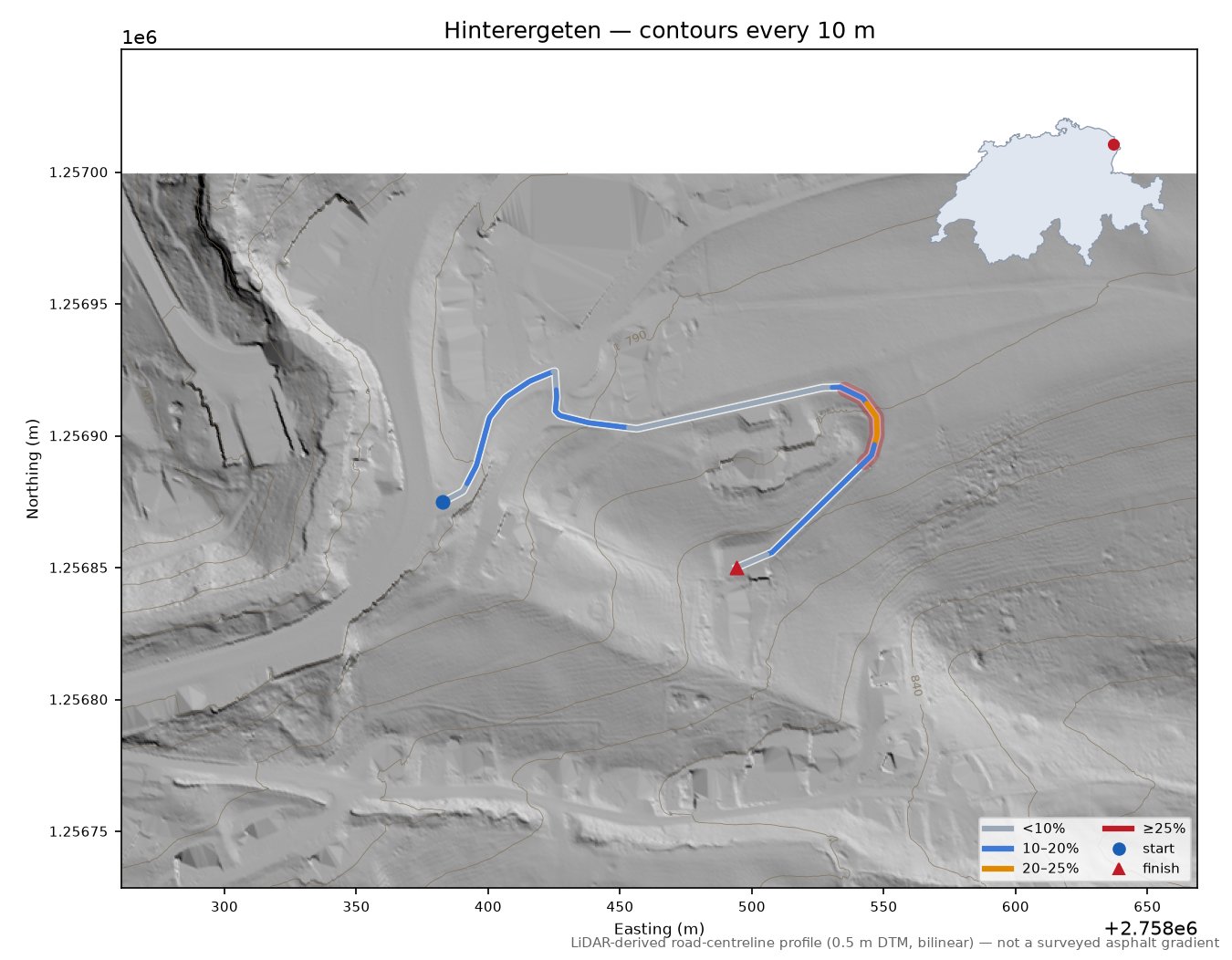 Hinterergeten LiDAR hillshade map with contours