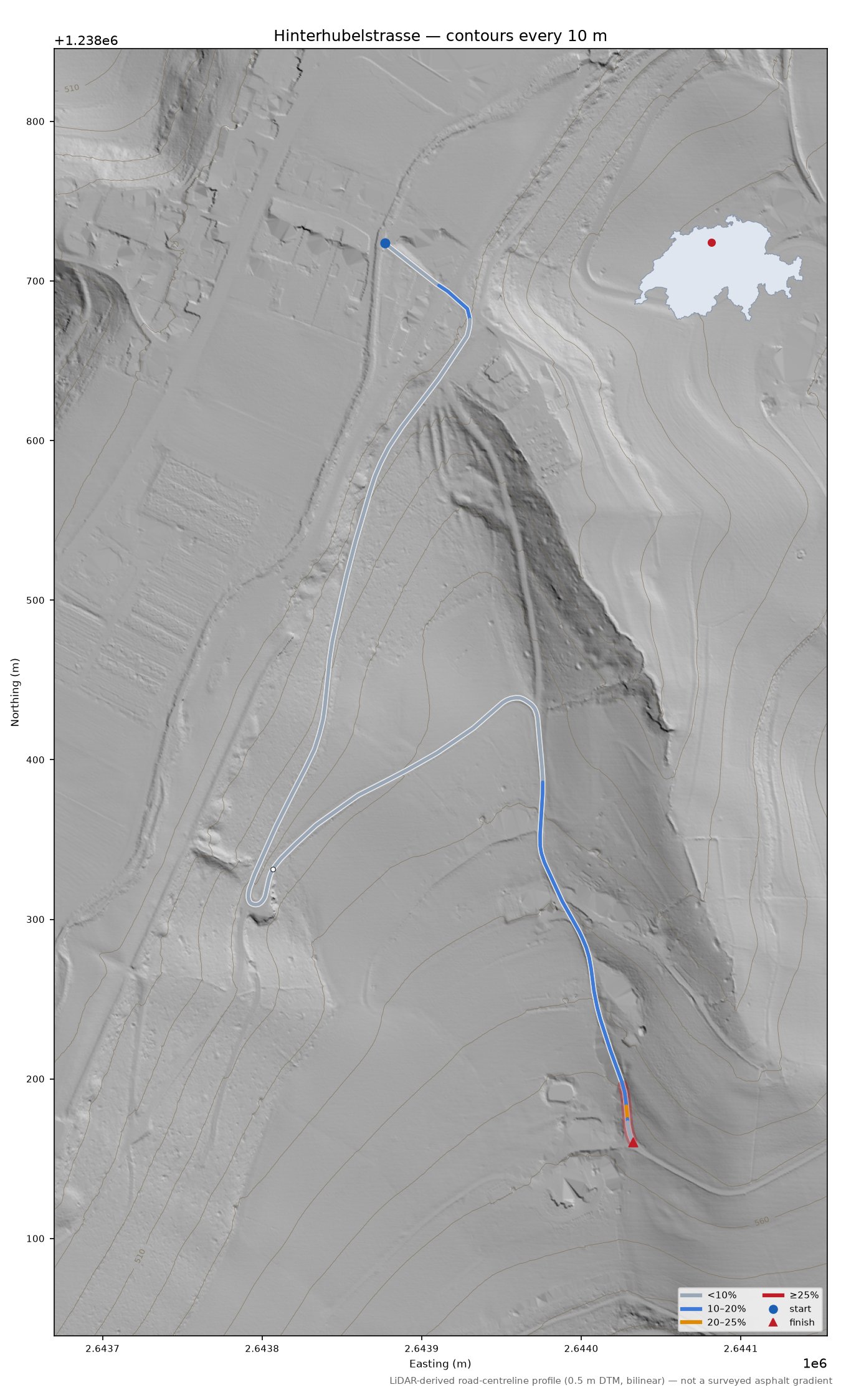 Hinterhubelstrasse LiDAR hillshade map with contours