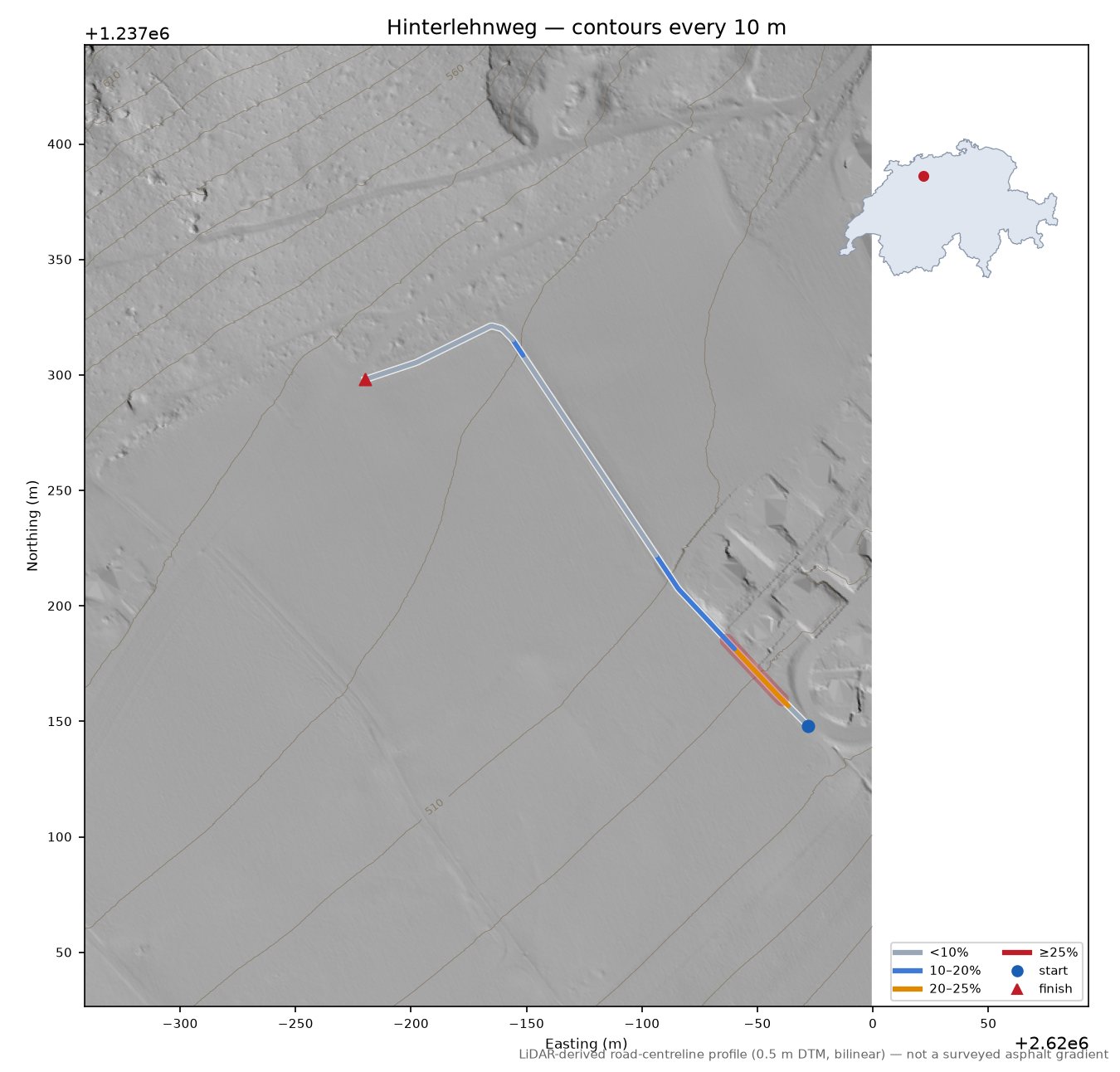 Hinterlehnweg LiDAR hillshade map with contours