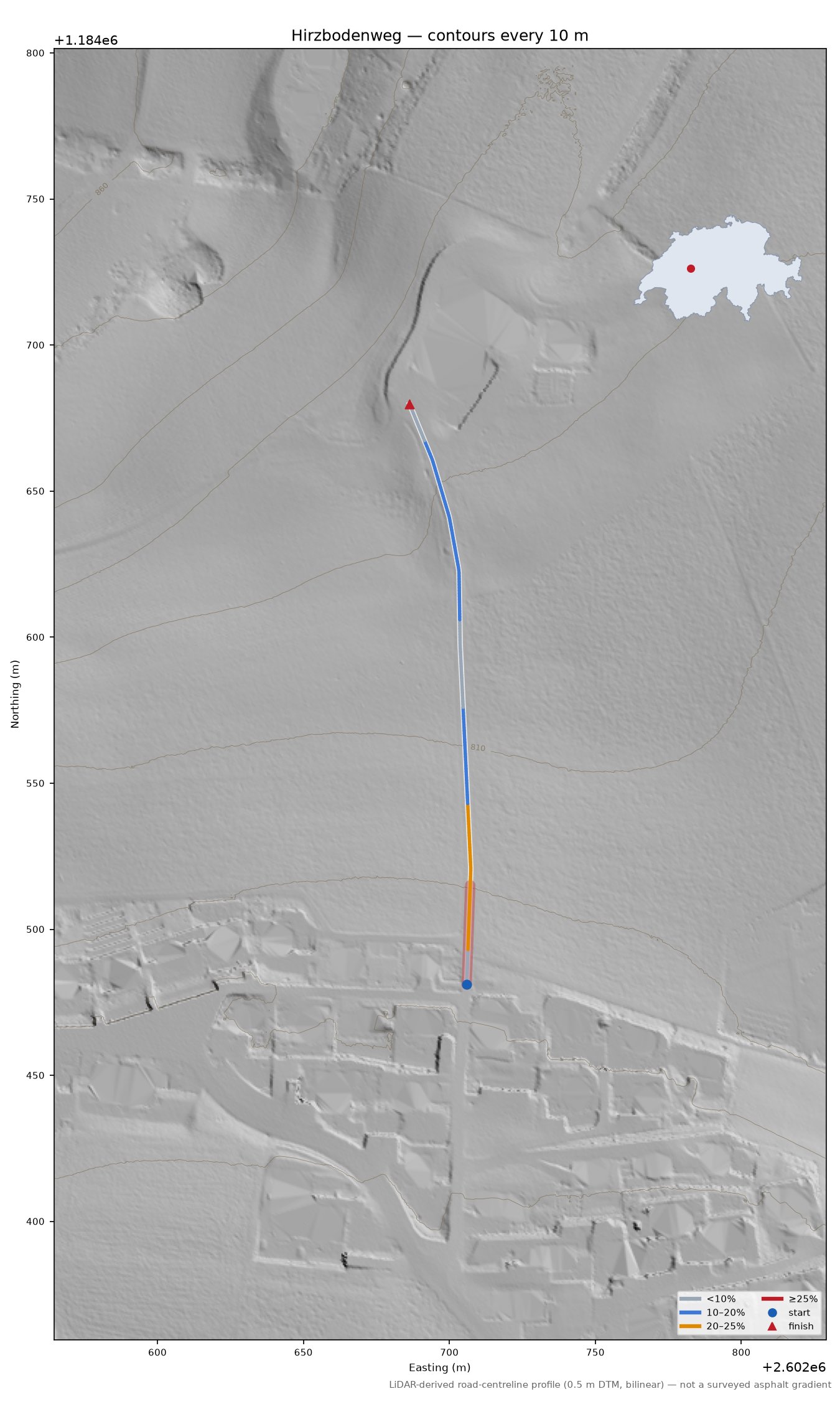 Hirzbodenweg LiDAR hillshade map with contours