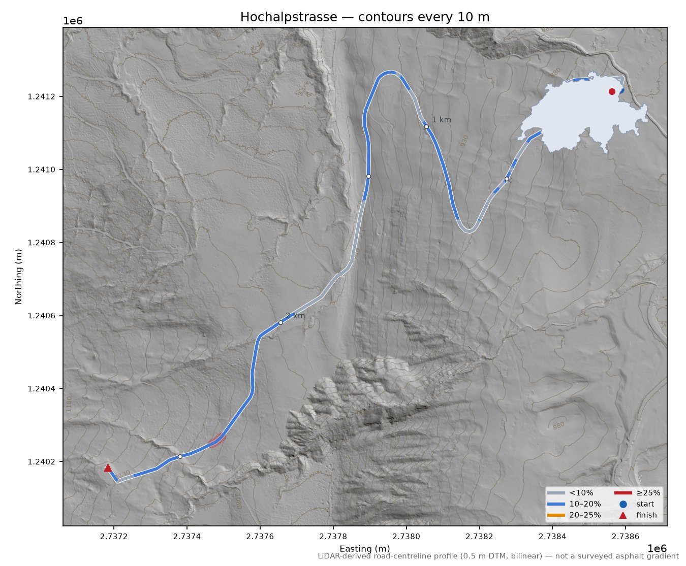 Hochalpstrasse LiDAR hillshade map with contours
