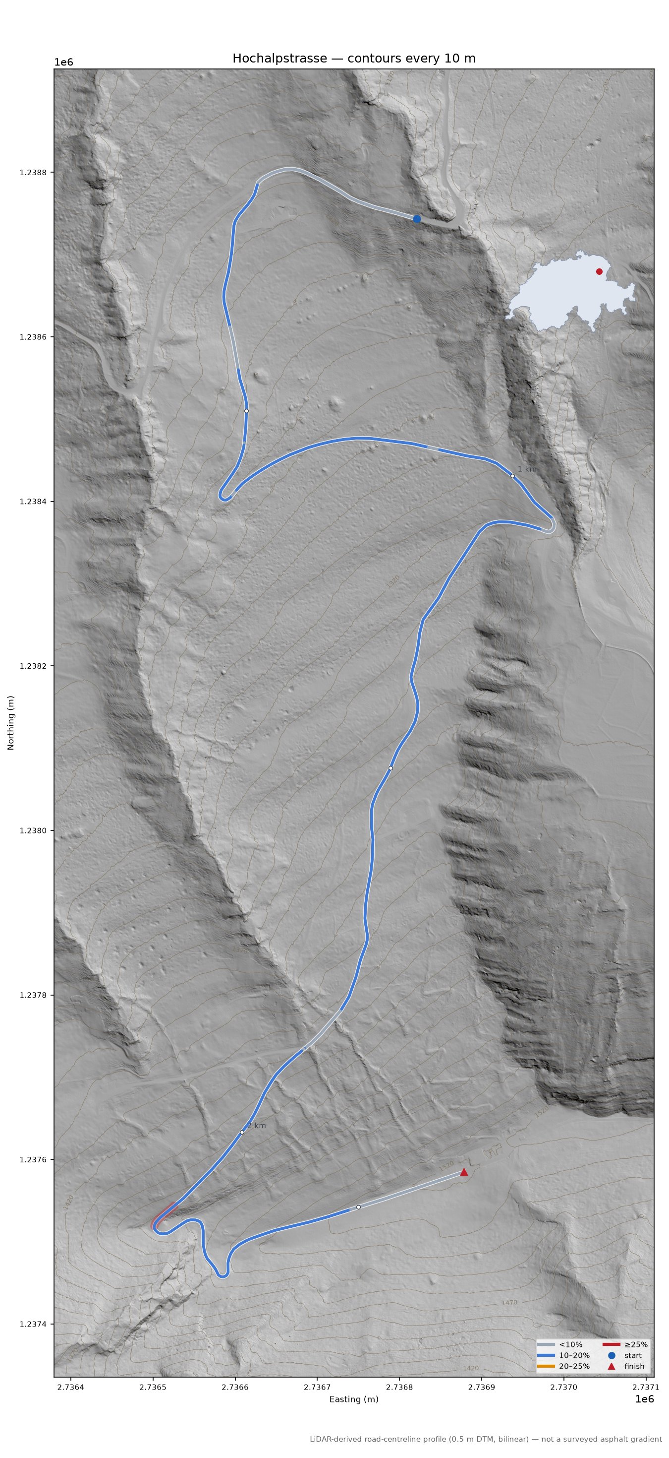 Hochalpstrasse LiDAR hillshade map with contours