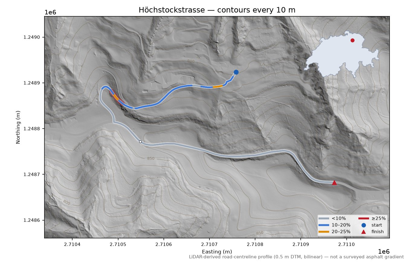Höchstockstrasse LiDAR hillshade map with contours