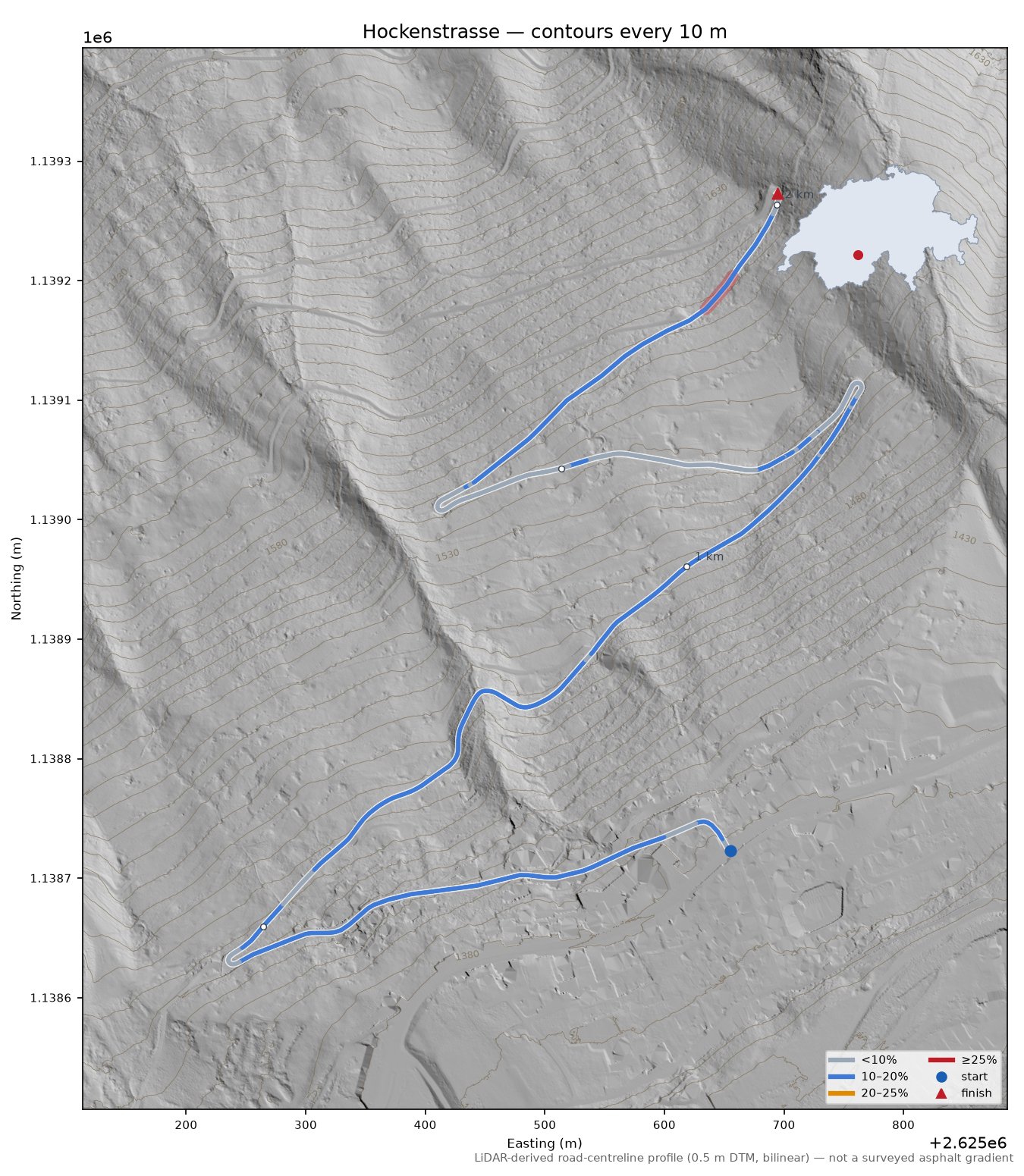 Hockenstrasse LiDAR hillshade map with contours