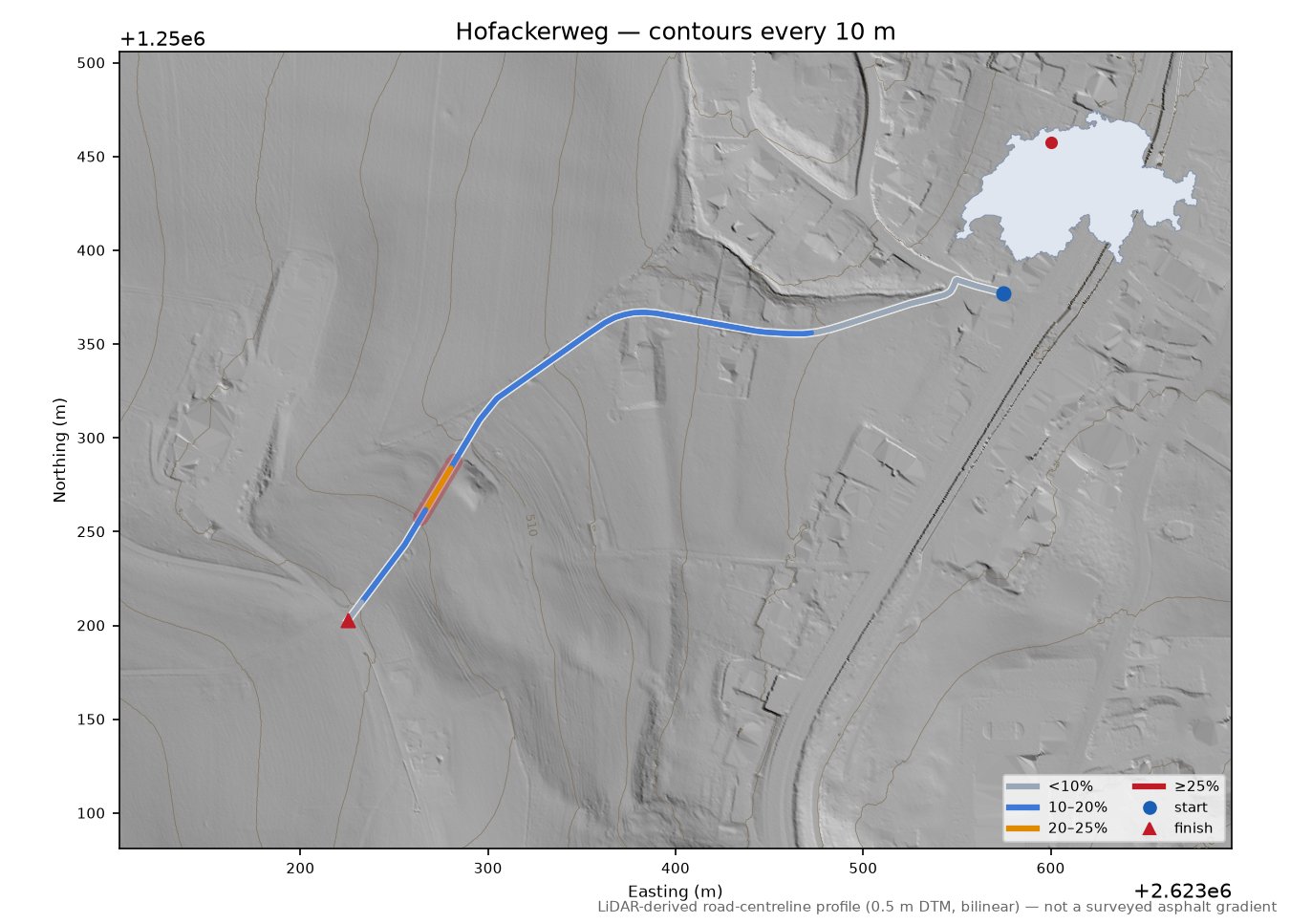 Hofackerweg LiDAR hillshade map with contours