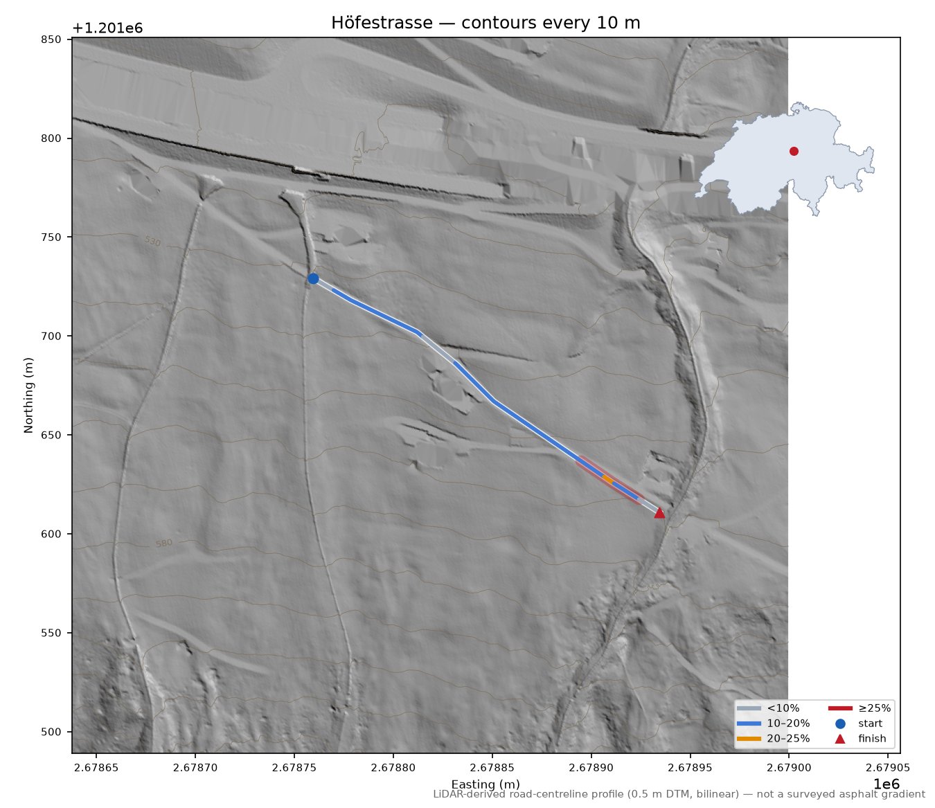 Höfestrasse LiDAR hillshade map with contours