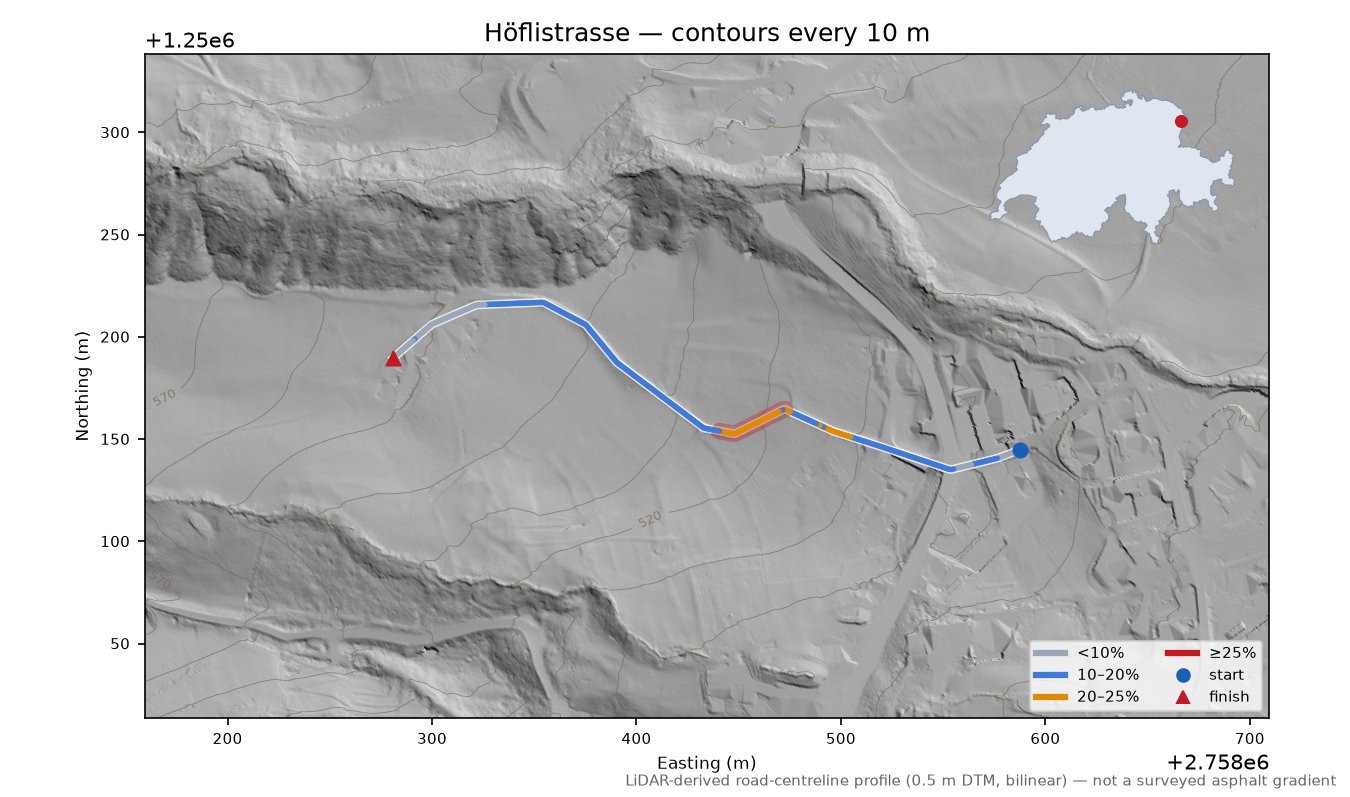 Höflistrasse LiDAR hillshade map with contours