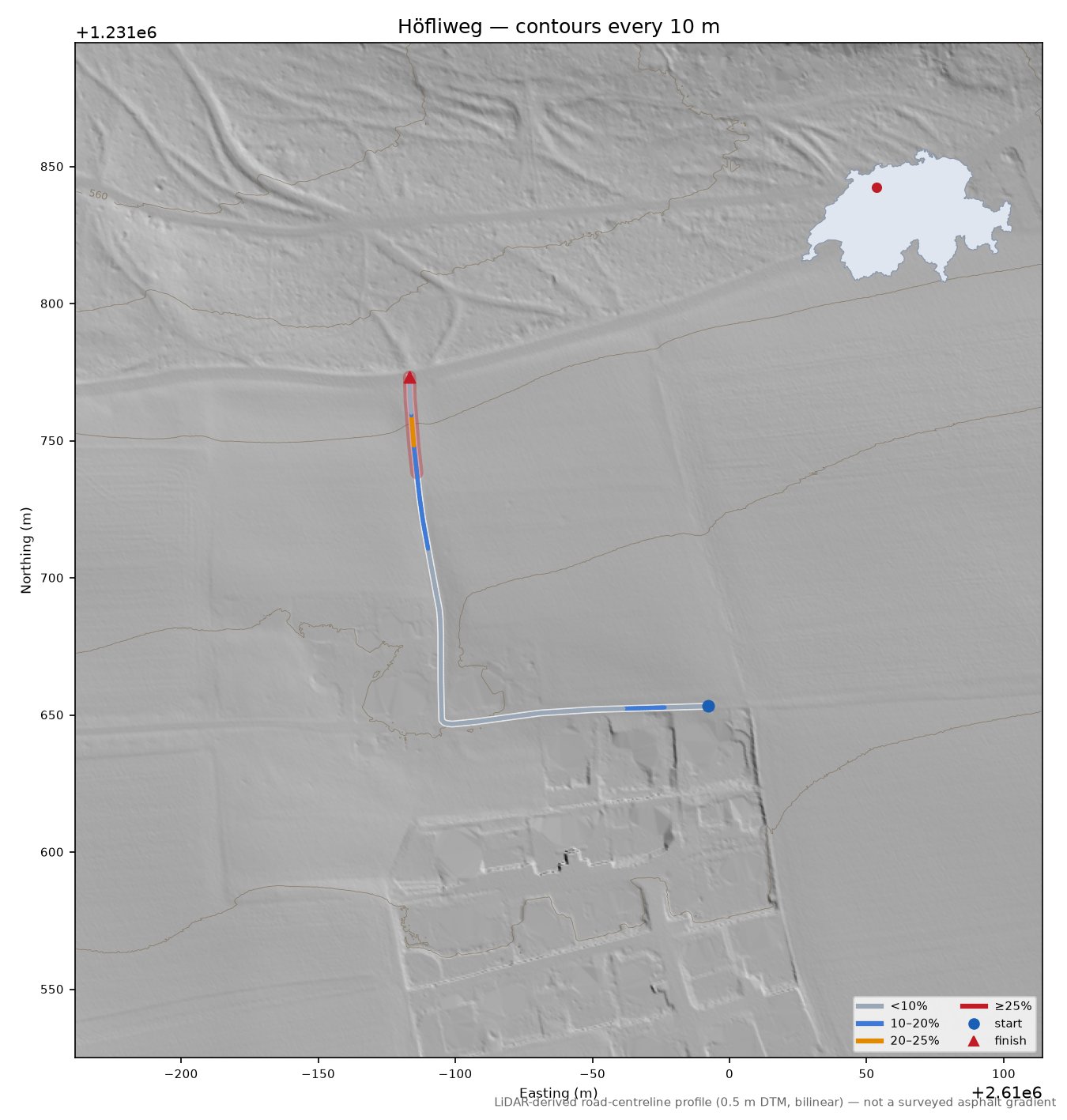 Höfliweg LiDAR hillshade map with contours