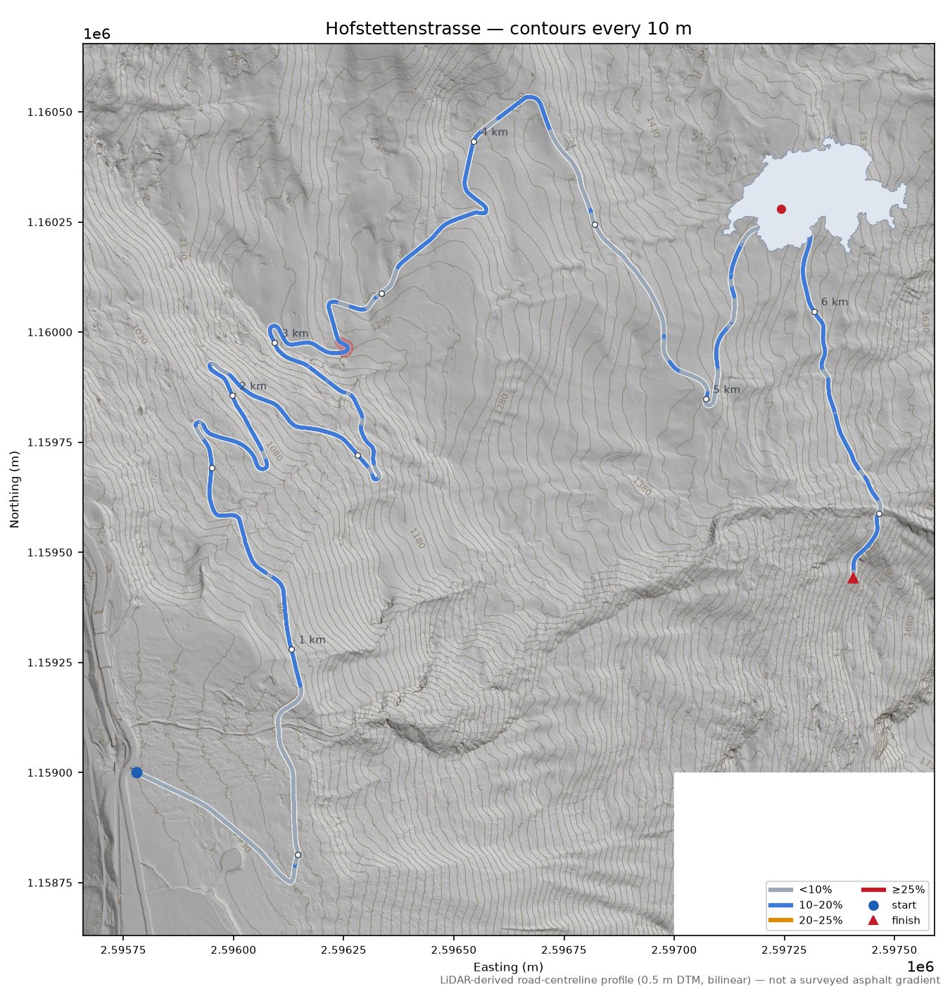 Hofstettenstrasse LiDAR hillshade map with contours