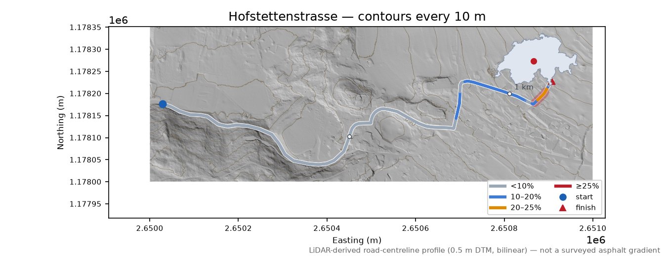 Hofstettenstrasse LiDAR hillshade map with contours