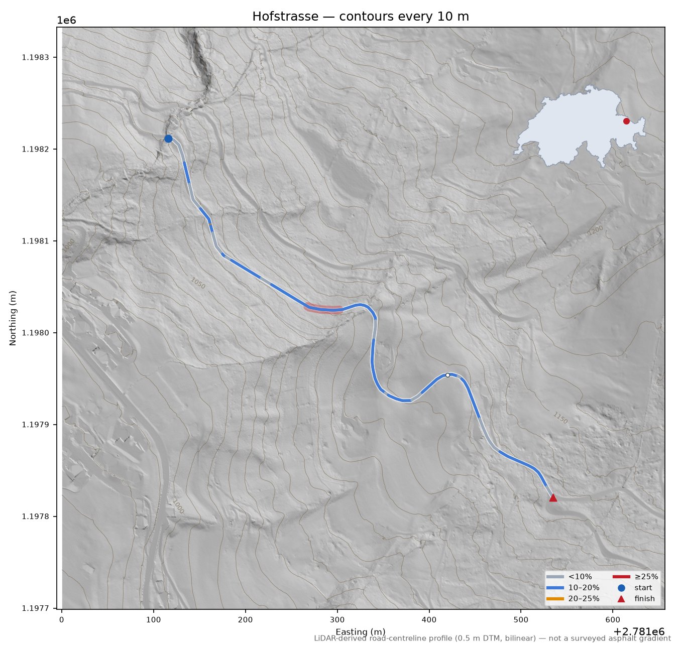 Hofstrasse LiDAR hillshade map with contours