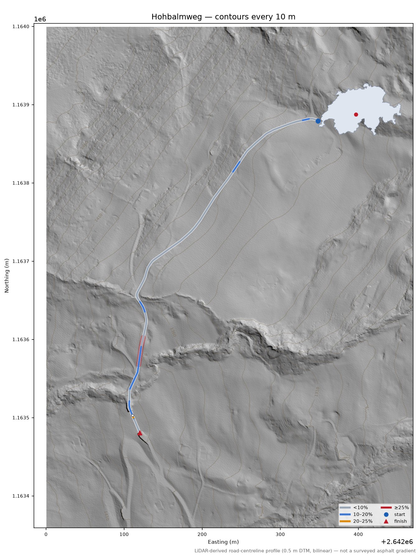 Hohbalmweg LiDAR hillshade map with contours