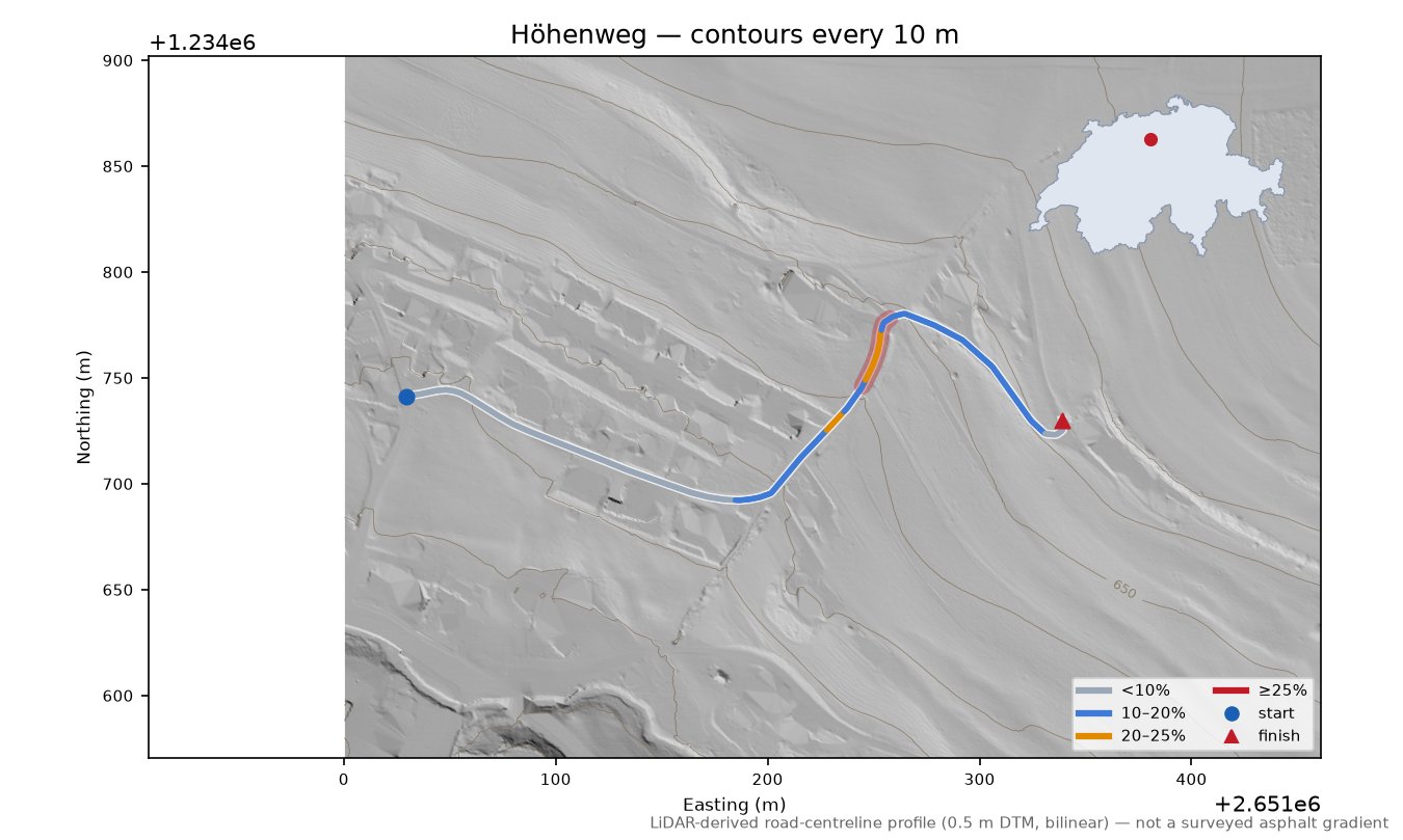Höhenweg LiDAR hillshade map with contours