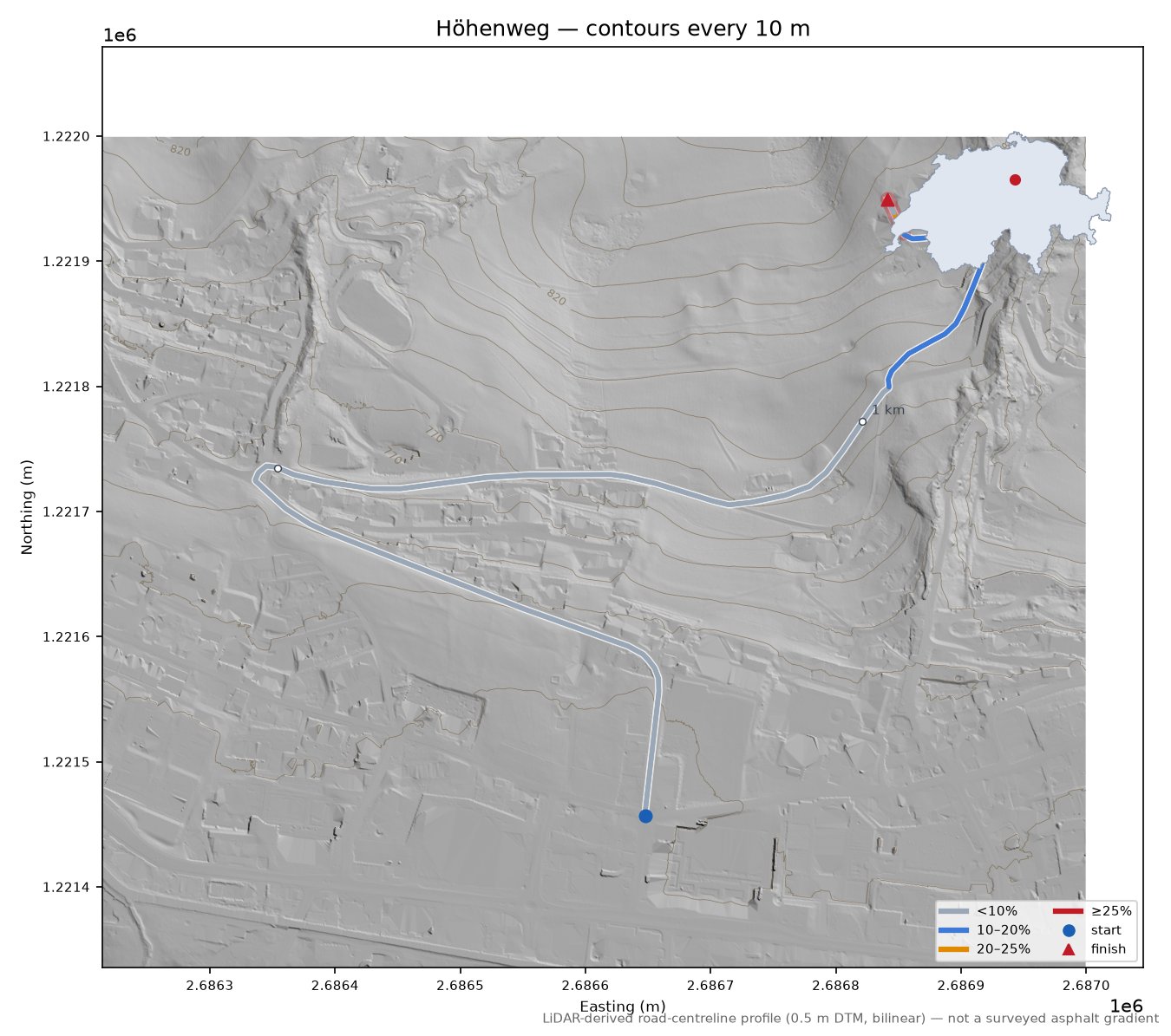 Höhenweg LiDAR hillshade map with contours