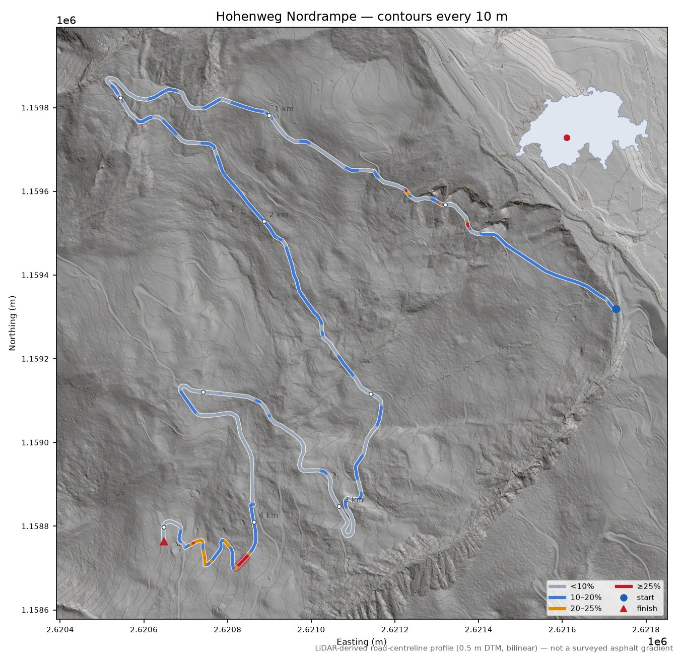 Hohenweg Nordrampe LiDAR hillshade map with contours