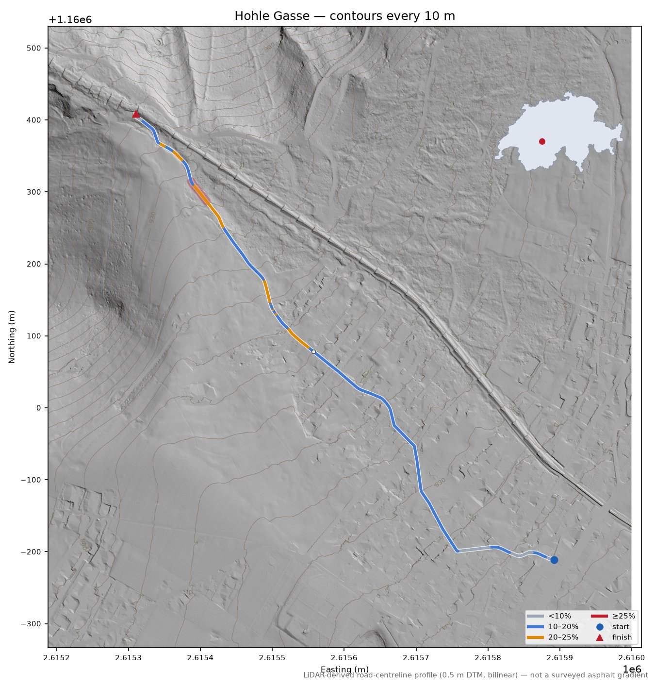 Hohle Gasse LiDAR hillshade map with contours