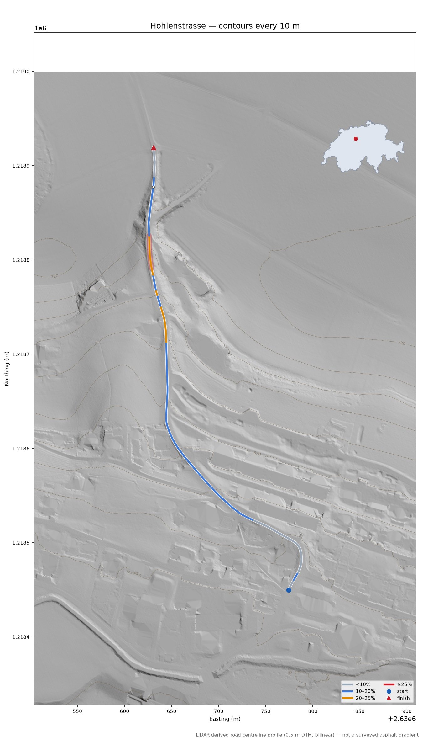 Hohlenstrasse LiDAR hillshade map with contours