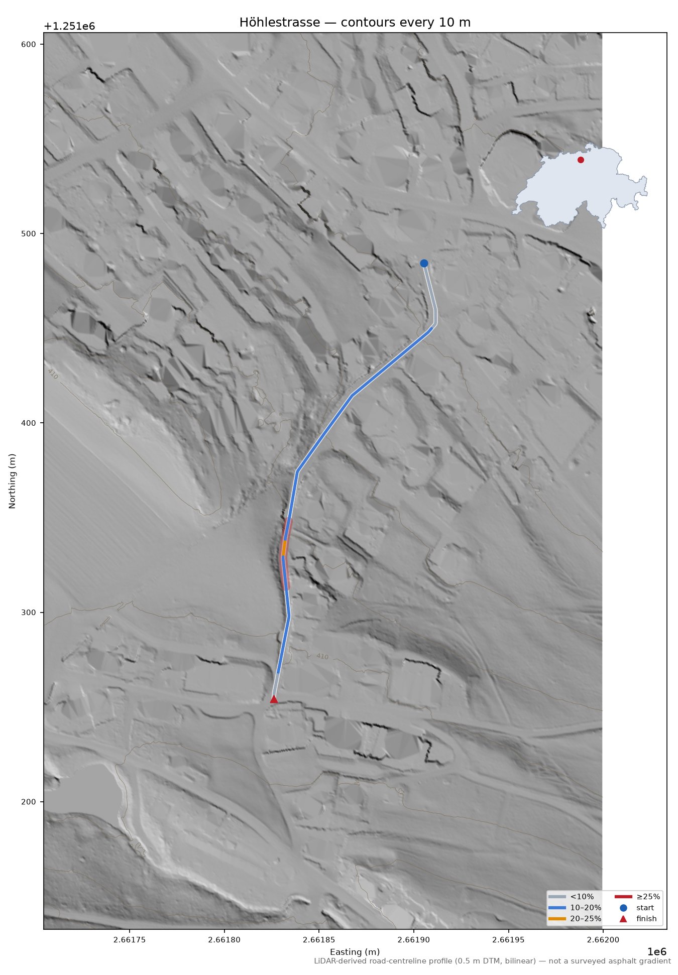 Höhlestrasse LiDAR hillshade map with contours