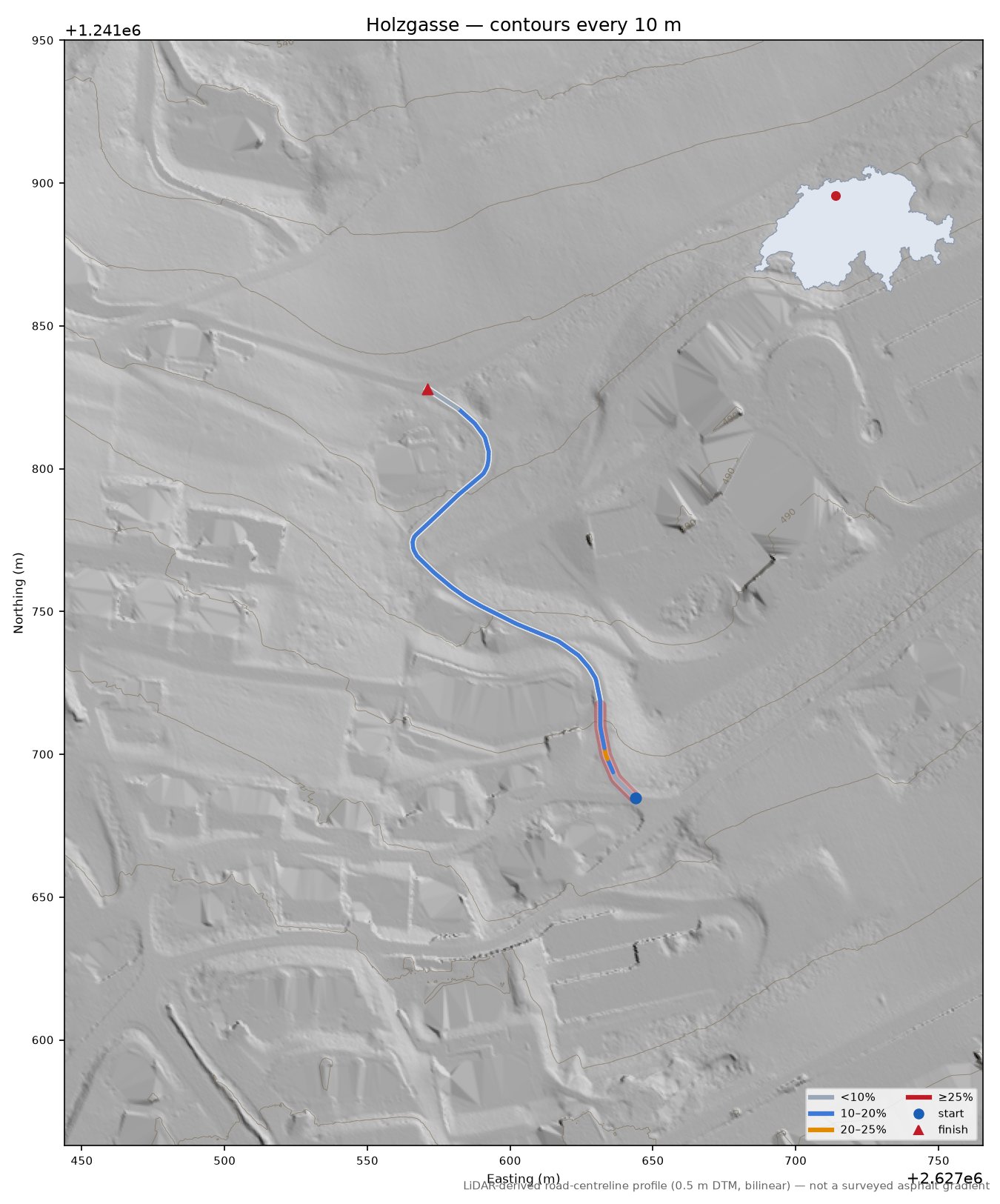 Holzgasse LiDAR hillshade map with contours